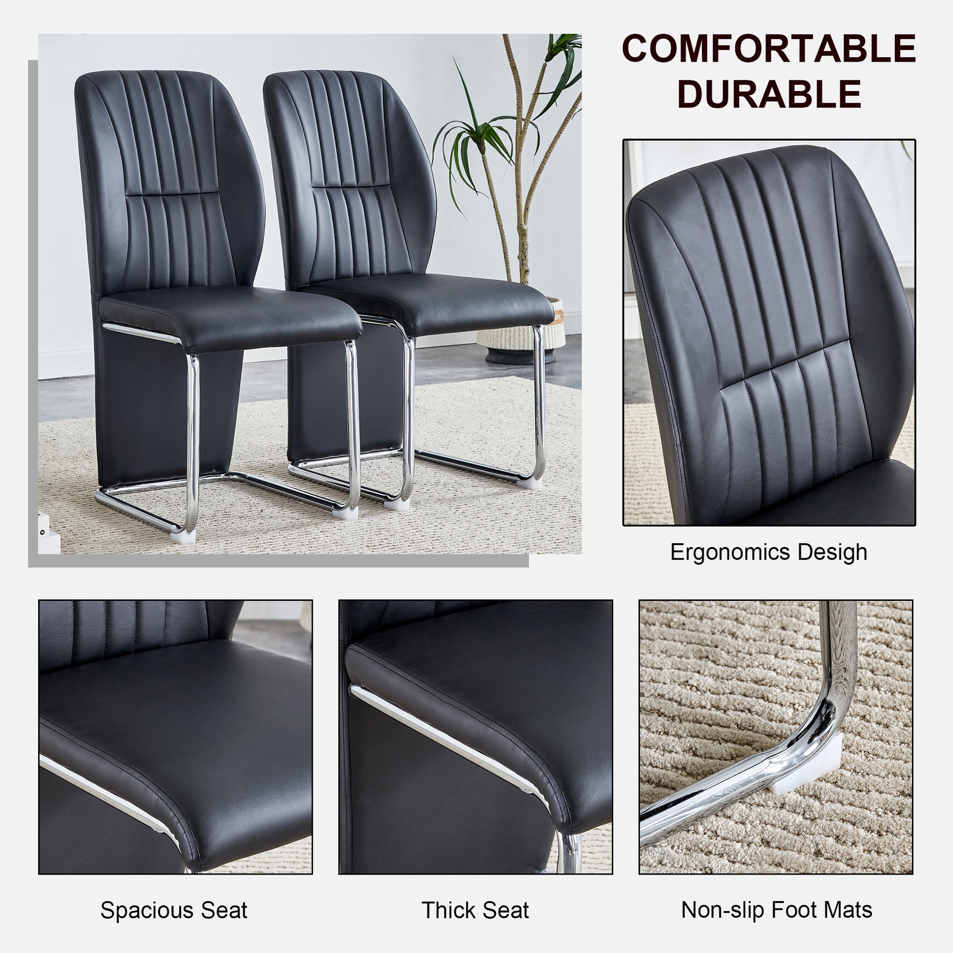 Table And Chair Set, Modern Luxurious White Imitation Marble Pattern Mdf Dining Table,Rectangular Dining Table, Matched With Uniquely Shaped Pu High Backrest Seats,Suitable For Various Occasions. White Black Seats 4 Mdf