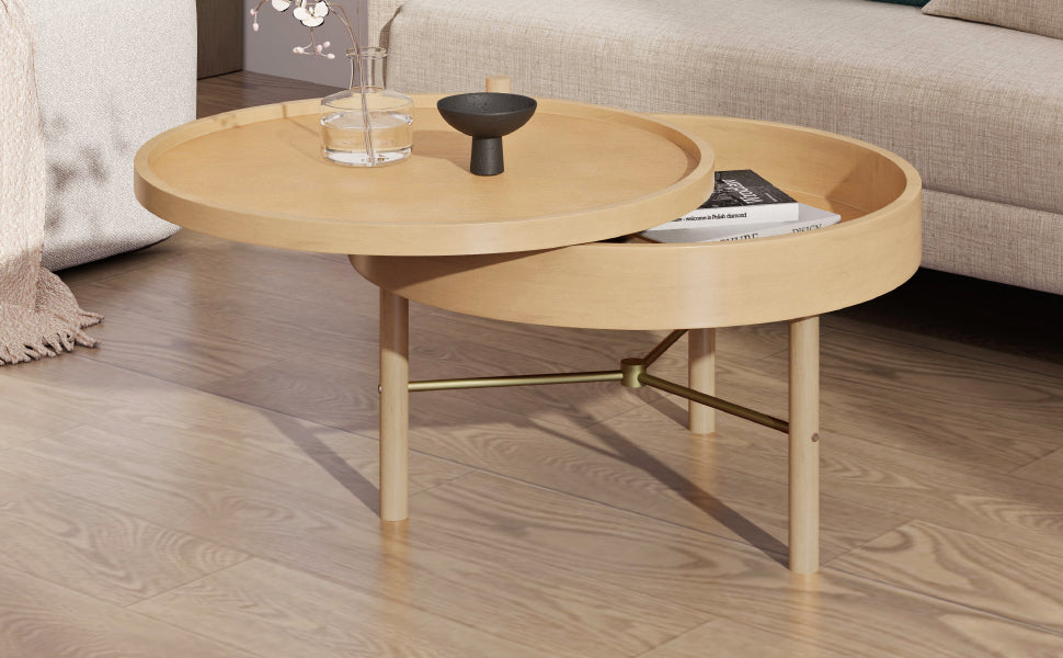 Modern Round Wood Rotating Tray Coffee Table With Storage & Metal Legs In Natural Natural Metal,Rubber Wood