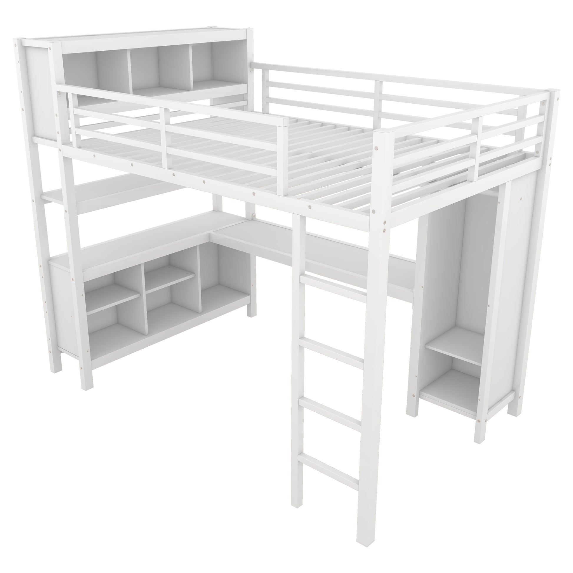 Metal Loft Bed With Wardrobe And L Shaped Desk, Full Size Loft Bed With Storage Cubes And Shelves, Heavy Duty Loft Bed For Kids Teens Adults, White Full Off White Metal