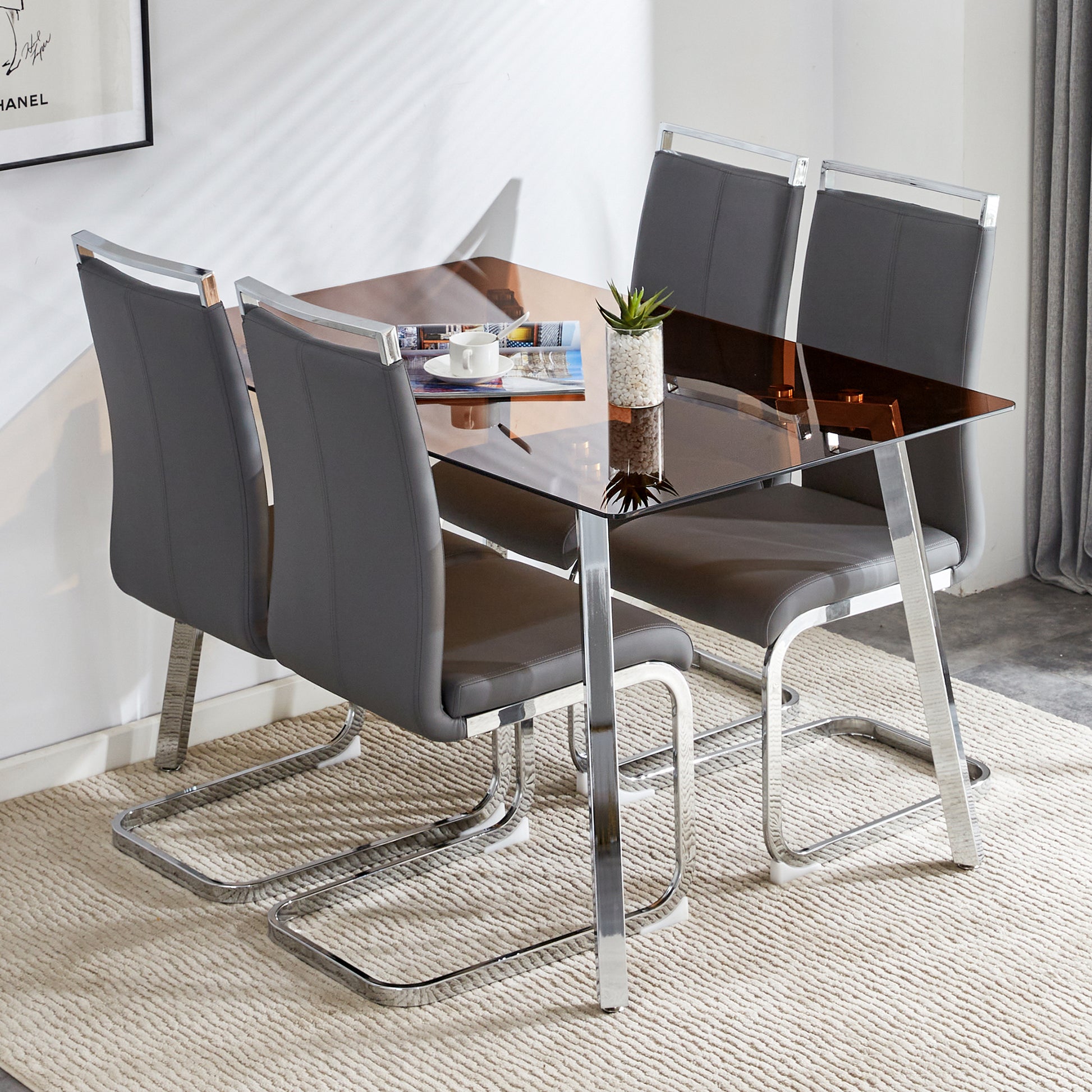 1 Table And 4 Chairs, Brown Tempered Glass Tabletop And Silver Metal Legs, Modern Minimalist Style Rectangular Glass Dining Table, Paired With 4 Modern Silver Metal Leg Chairs. 1123C 1162 Brown Seats 4 Glass