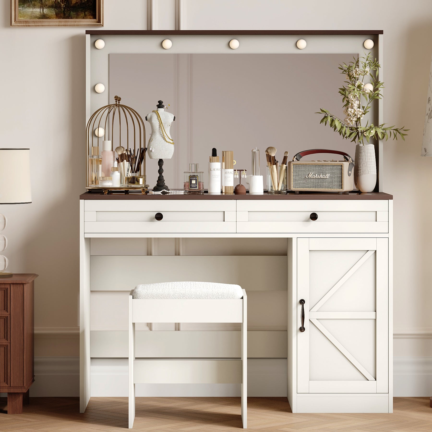 43.4"Makeup Vanity Table, Makeup Table With Large Mirror And 11 Led Lightbrightness Adjustable, Dressing Table Desk With 3 Drawers, Vanity Desk For Women White With Stool White Particle Board