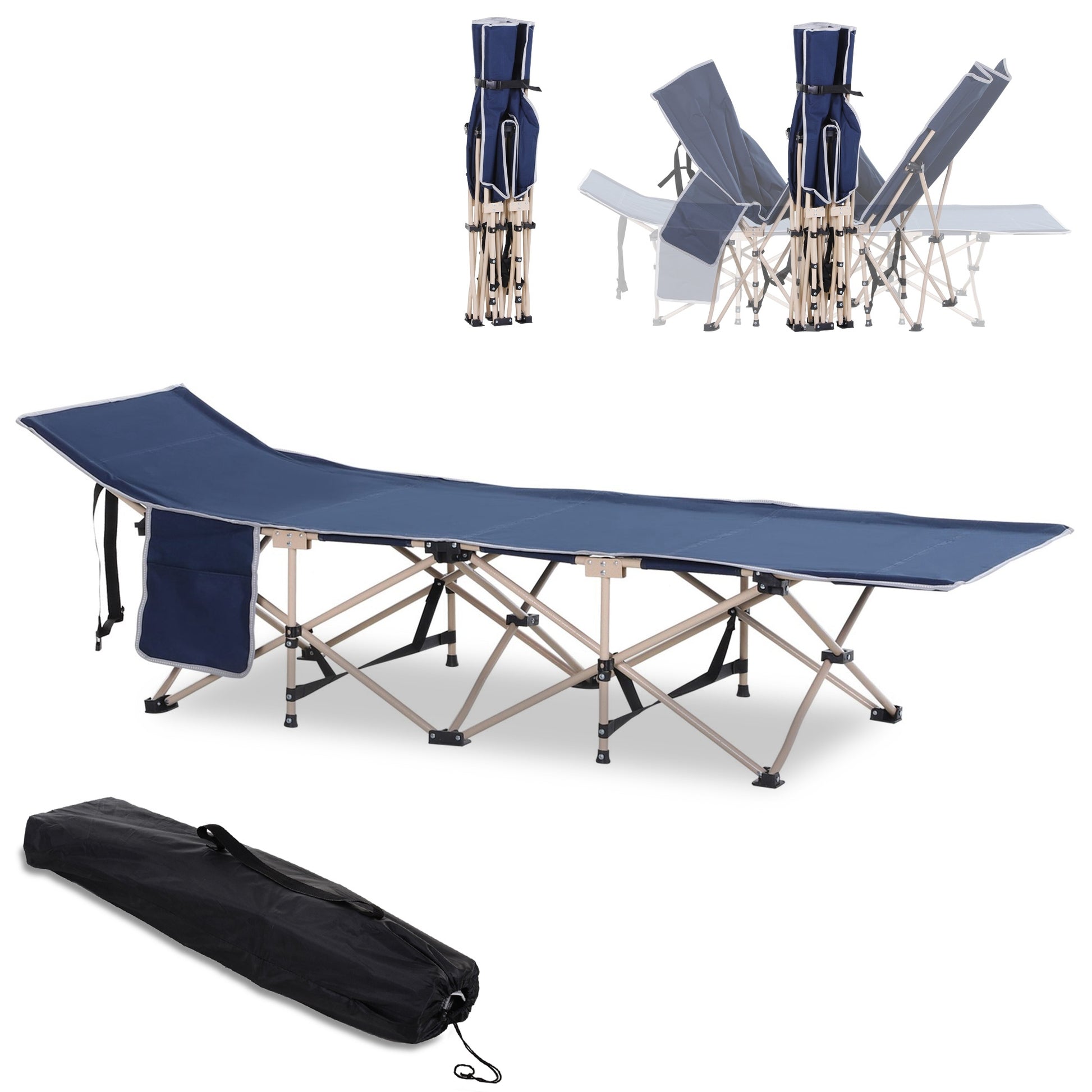 Outsunny Folding Camping Cot For Adults With Carry Bag, Side Pocket, Outdoor Portable Sleeping Bed For Travel, Camp, Vacation, 330 Lbs. Capacity, Blue Blue Steel