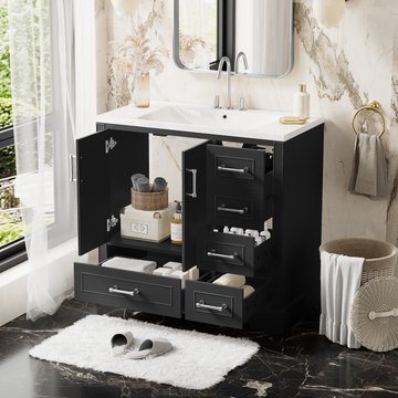 36 Inch Traditional Bathroom Vanity With Resin Sink Combo Set, Black Bathroom Cabinet With Two Doors And Four Drawers Black Bathroom Solid Wood Mdf Resin