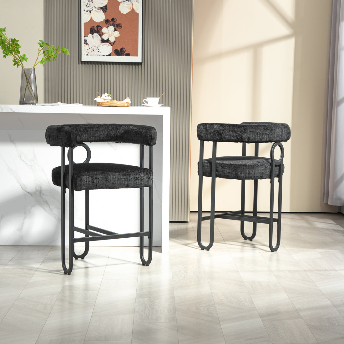 Coolmore Bar Stools Set Of 2, Modern Bar Stool With Back, Black Metal Frames, Upholstered Bar Stools For Kitchen Island, Pub, Club Black Chenille Black Dining Room Foam Chenille
