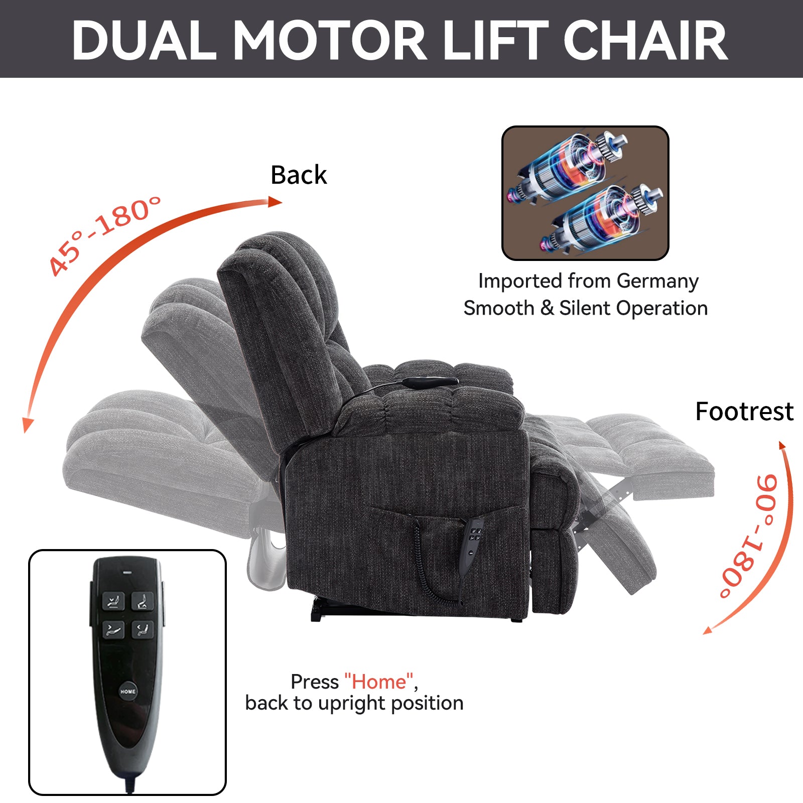 Dual Motor Heat Massage Infinite Position Up To 350 Lbs Electric Power Lift Recliners With Power Remote, Medium Firm And Heavy Duty, Grey White Metal Primary Living Space Heavy Duty Pine Grey Chenille Power Remote Medium Firm Cushion Back American Design