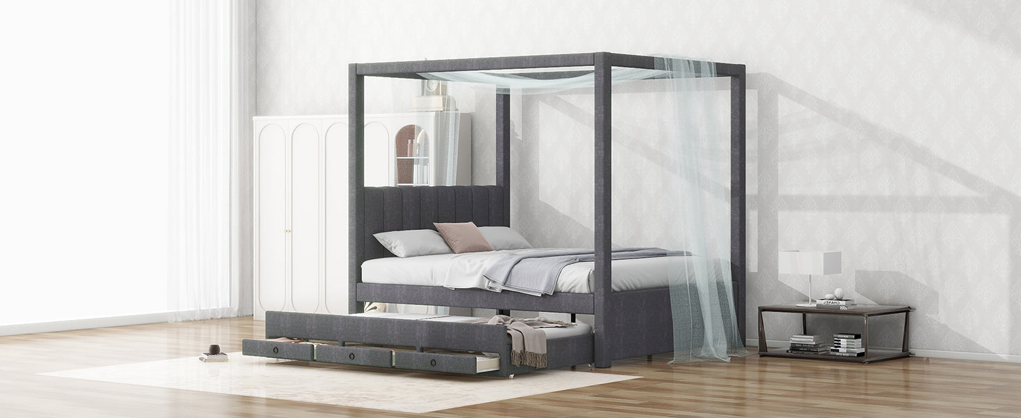 Full Size Upholstery Canopy Platform Bed With Trundle And Three Storage Drawers, Gray Full Gray Upholstered