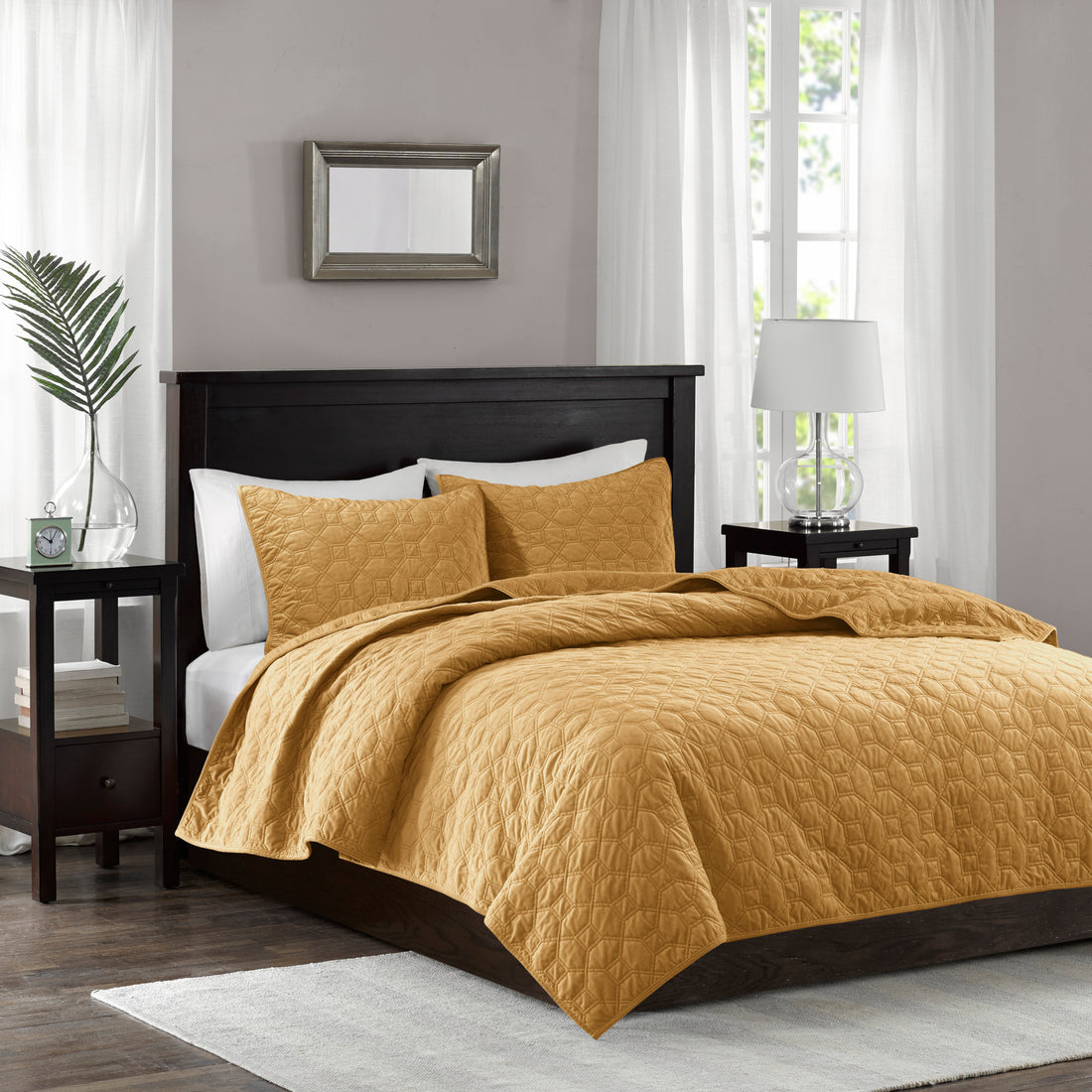 3 Piece Velvet Quilt Set Mustard King Cal King King Mustard Cotton