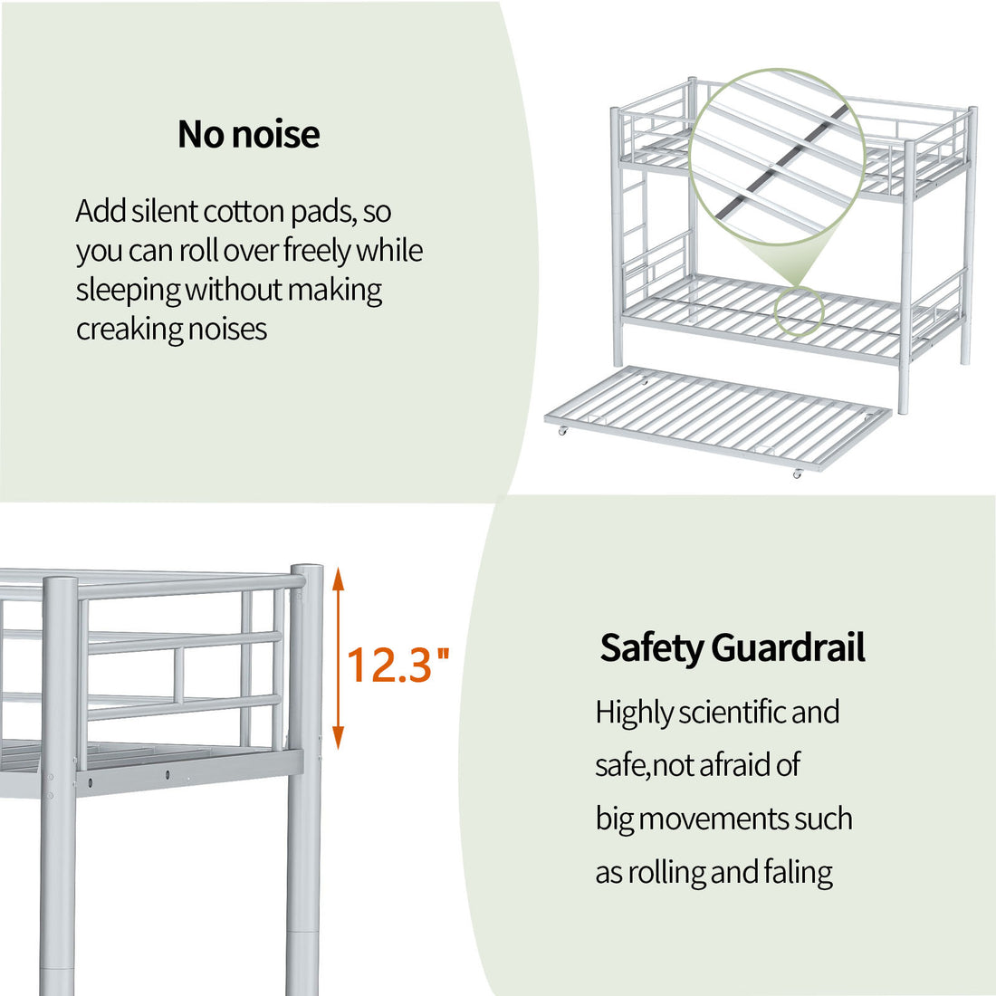 Heavy Duty Sturdy Meta Twin Over Twin With Trundle Bunk Bed L Noise Reduced Safety Guardrail No Box Spring Needed,Gray Silver Twin Gray Silver Metal