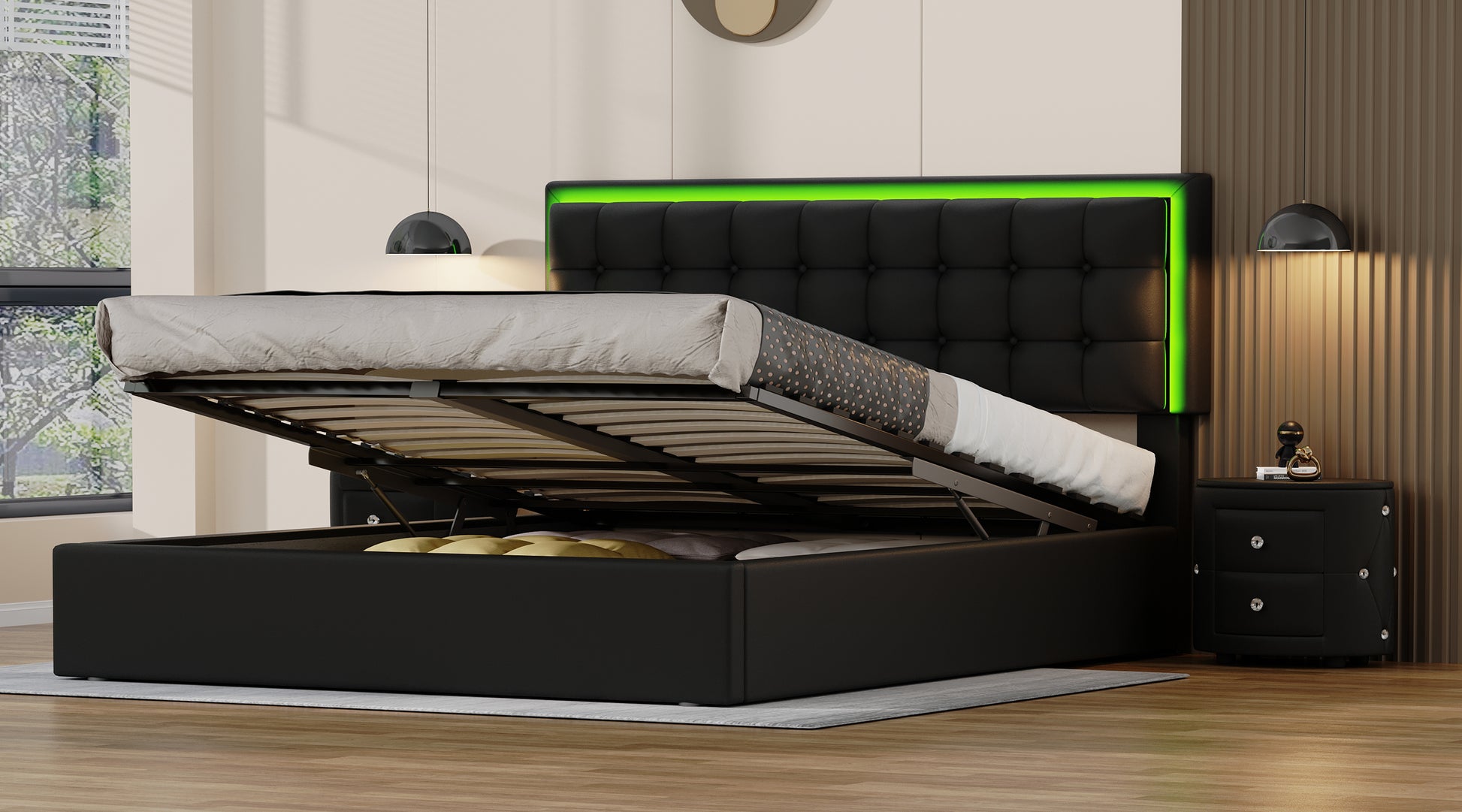 3 Pieces Bedroom Sets,Queen Size Upholstered Bed With Led Lights,Hydraulic Storage System, Two Nightstands With Crystal Decoration,Black Queen Black 3 Piece Set Wood