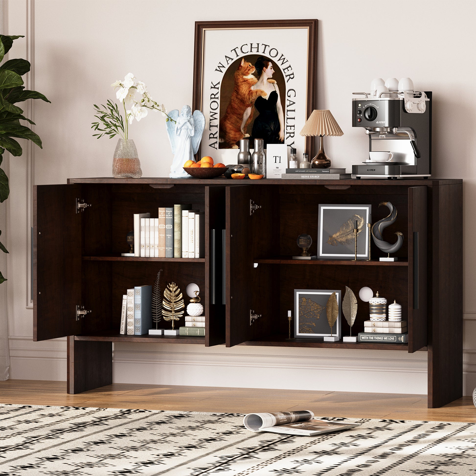 4 Door Large Storage Retro Sideboard With Adjustable Shelves And Long Handles For Kitchen, Dining Room And Living Room Espresso Espresso Mdf