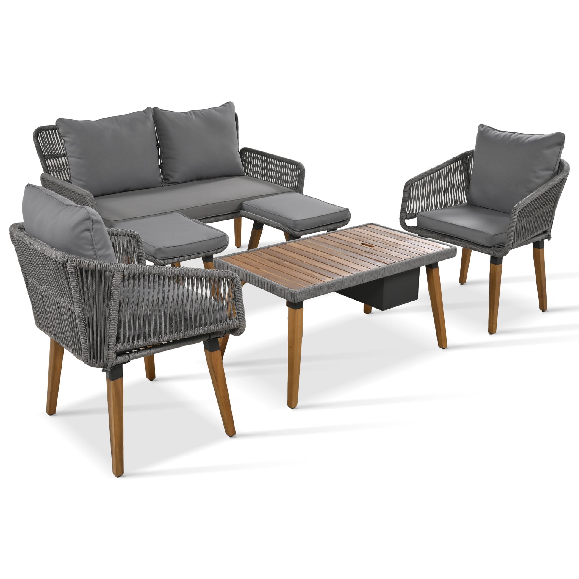 K&K 6 Piece Rope Patio Furniture Set, Outdoor Furniture With Acacia Wood Cool Bar Table With Ice Bucketdeep Seat Patio Conversation Set With Two Stools For Backyard Porch Balcony Grey Yes Complete Patio Set Grey Weather Resistant Frame Fade Resistant