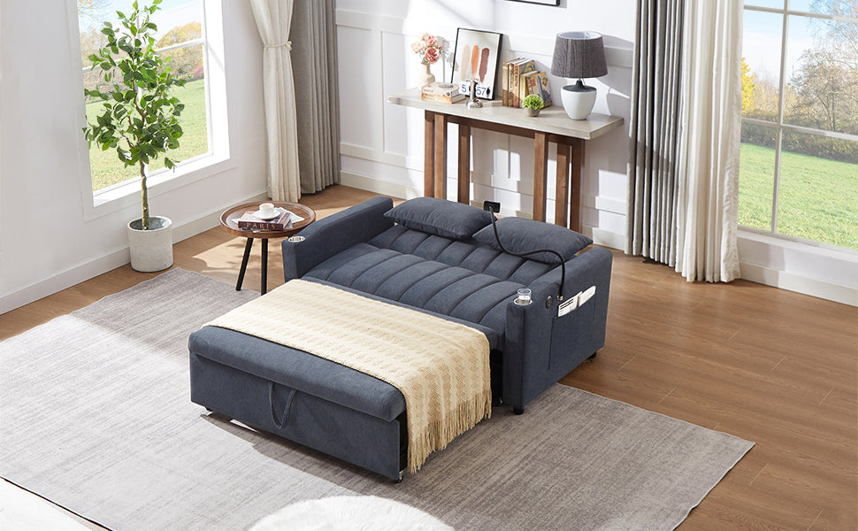 55.9" Convertible Sofa Bed Loveseat Sofa With Three Usb Ports, Two Side Pockets, Two Cup Holders And 360 Swivel Phone Holder For Living Room, Blue Grey Blue Gray Foam Polyester