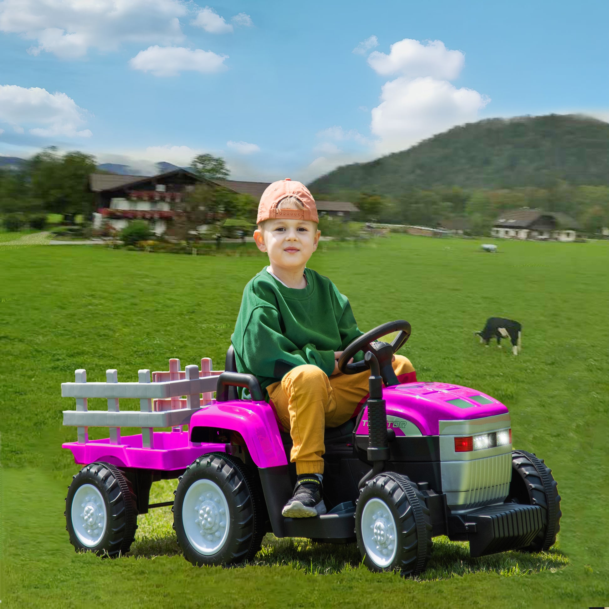 Pink, 12V7Ah Battery Powered Toy Tractor With Trailer, Remote Control, Kids' Electric Excavator Vehicles With 2X35W Dual Motor, Treaded Tires, Led Lights, Usb, Music, Safety Belt Gift Childrens Day