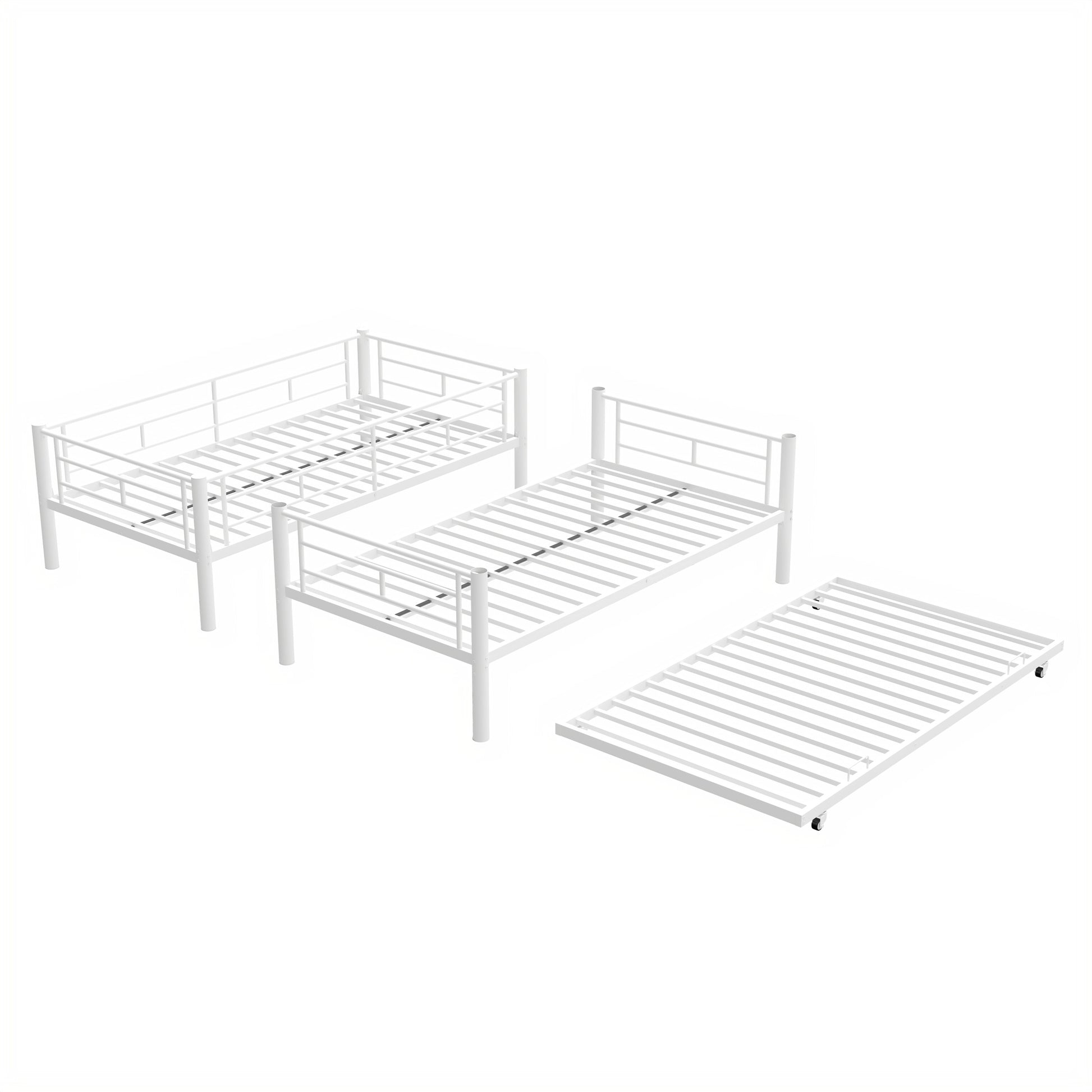 Heavy Duty Sturdy Meta Twin Over Twin With Trundle Bunk Bed L Noise Reduced Safety Guardrail No Box Spring Needed,White Box Spring Not Required Twin White Metal