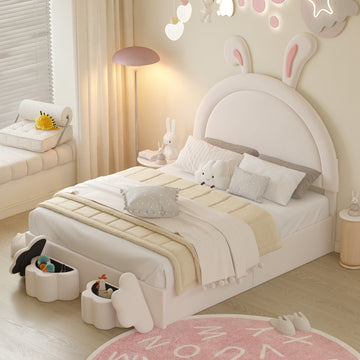 Full Size Upholstered Rabbit Shape Bed With 2 Storage Stools, Velvet Platform Bed With Cartoon Ears Shaped Headboard, White Full White Wood