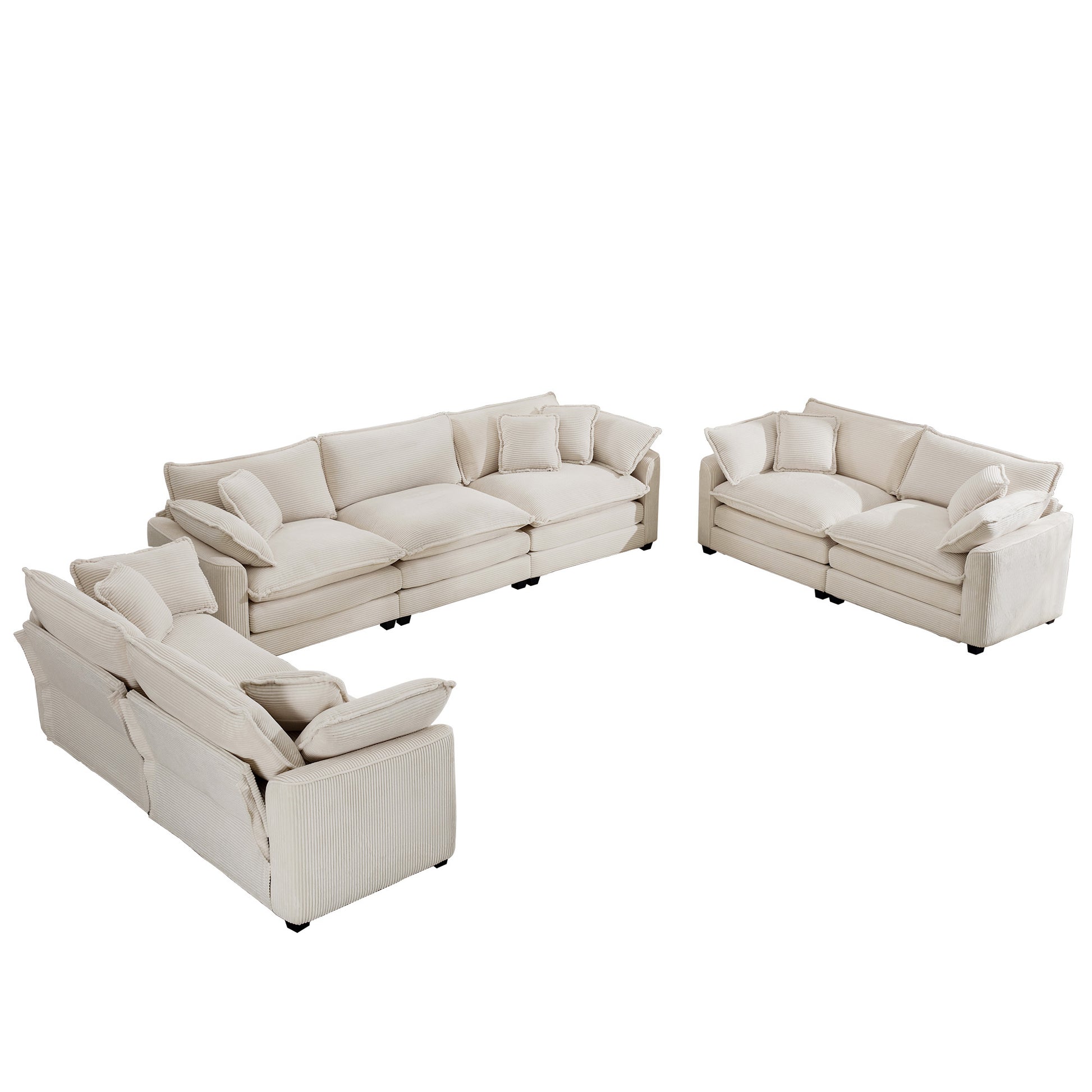 Modern Fabric Living Room Sofa 2 Piece Set, Two 2 Seater Sofa And One 3 Seater Sofa, Upholstery Large Deep Seat Set Of 3 Sofas With Comfortable Cushions And Pillows, Light Beige Corduroy Fabric Beige Corduroy 7 Seat
