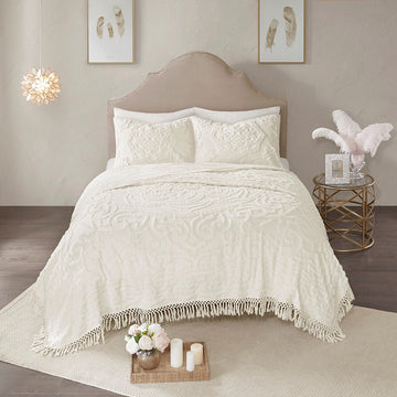 Tufted Cotton Chenille Medallion Fringe Coverlet Mini Set Off White Full Queen Full Off White Cotton