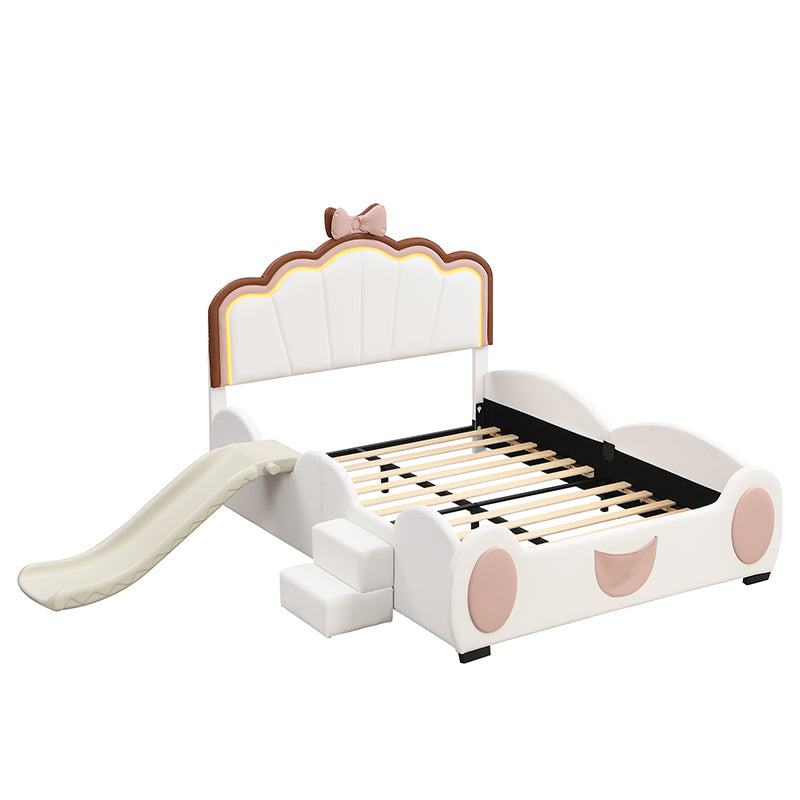 Full Size Upholstered Led Light Platform Bed With Shell Headboard And Children'S Slide, Pink Box Spring Not Required Full Pink White Wood Bedroom Bed Frame Faux Leather Upholstered