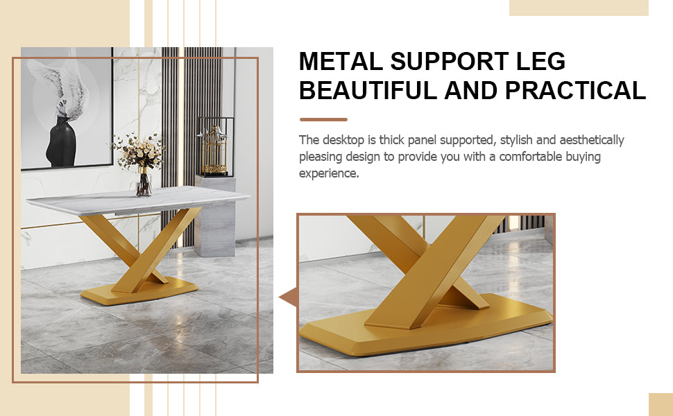 Table And Chair Set, The Table Is Equipped With A Marble Patterned Mdf Tabletop And Gold Table Legs.Dining Chairs,Gold Legged Upholstered Chairs Made Of Artificial Leather. Grey Gold Seats 4 Mdf