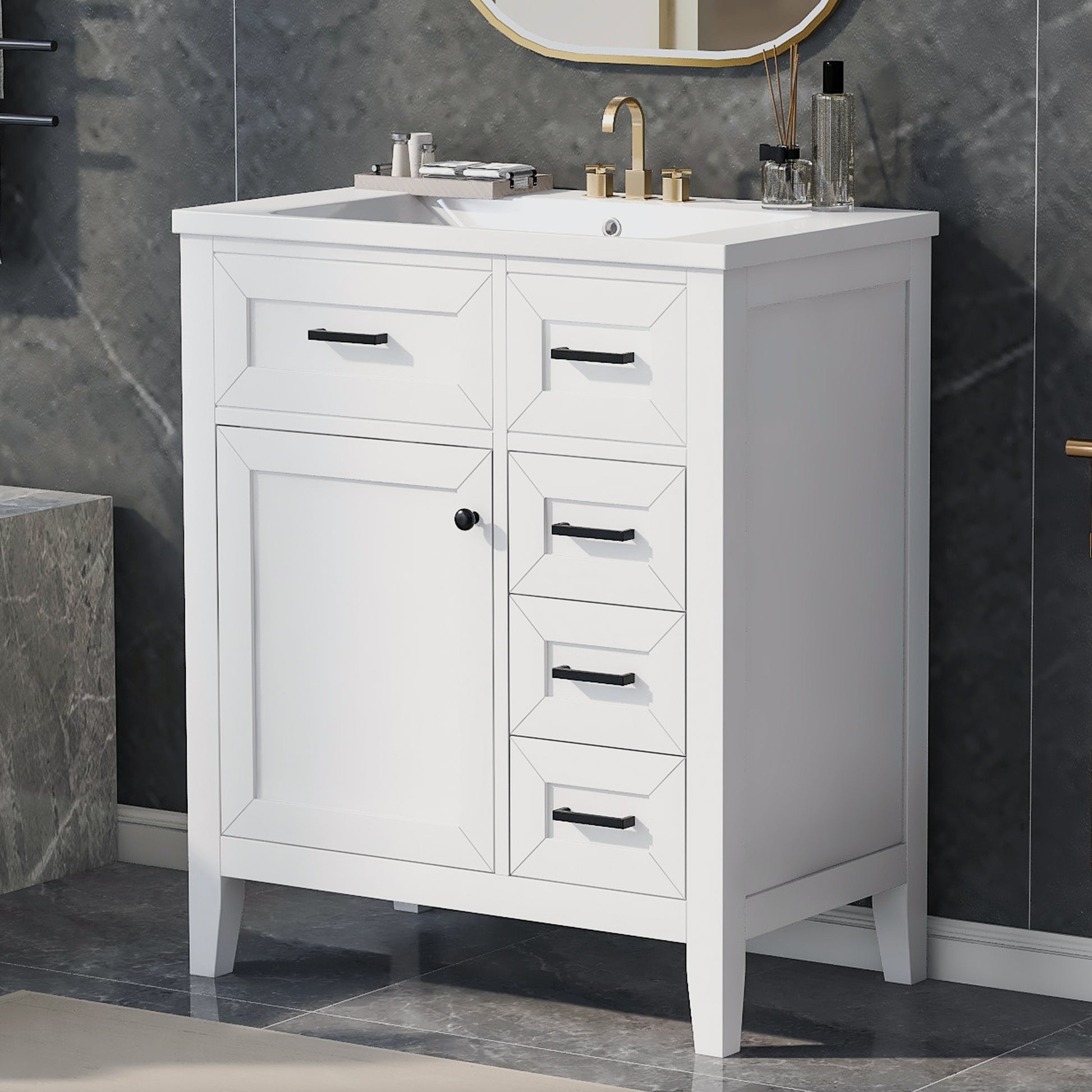 30" Bathroom Vanity With Sink Combo, White Bathroom Cabinet With Drawers, Solid Frame And Mdf Board Old Sku:N725S999222K White Solid Wood Mdf