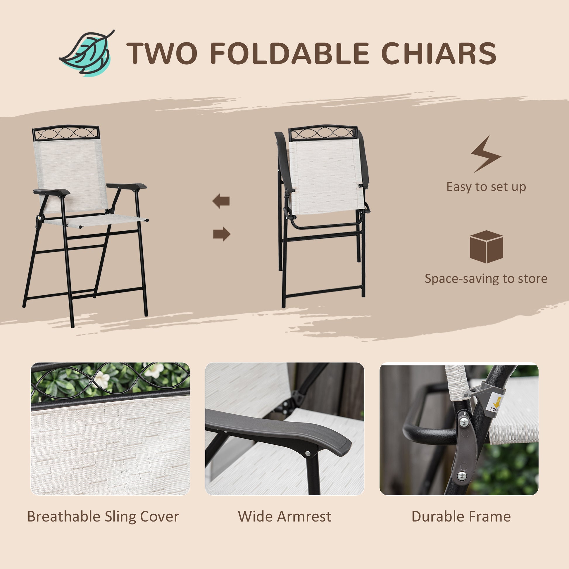 Outsunny 4 Piece Outdoor Patio Dining Furniture Set, 2 Folding Chairs, Adjustable Angle Umbrella, Wave Textured Tempered Glass Dinner Table, Beige Beige Steel