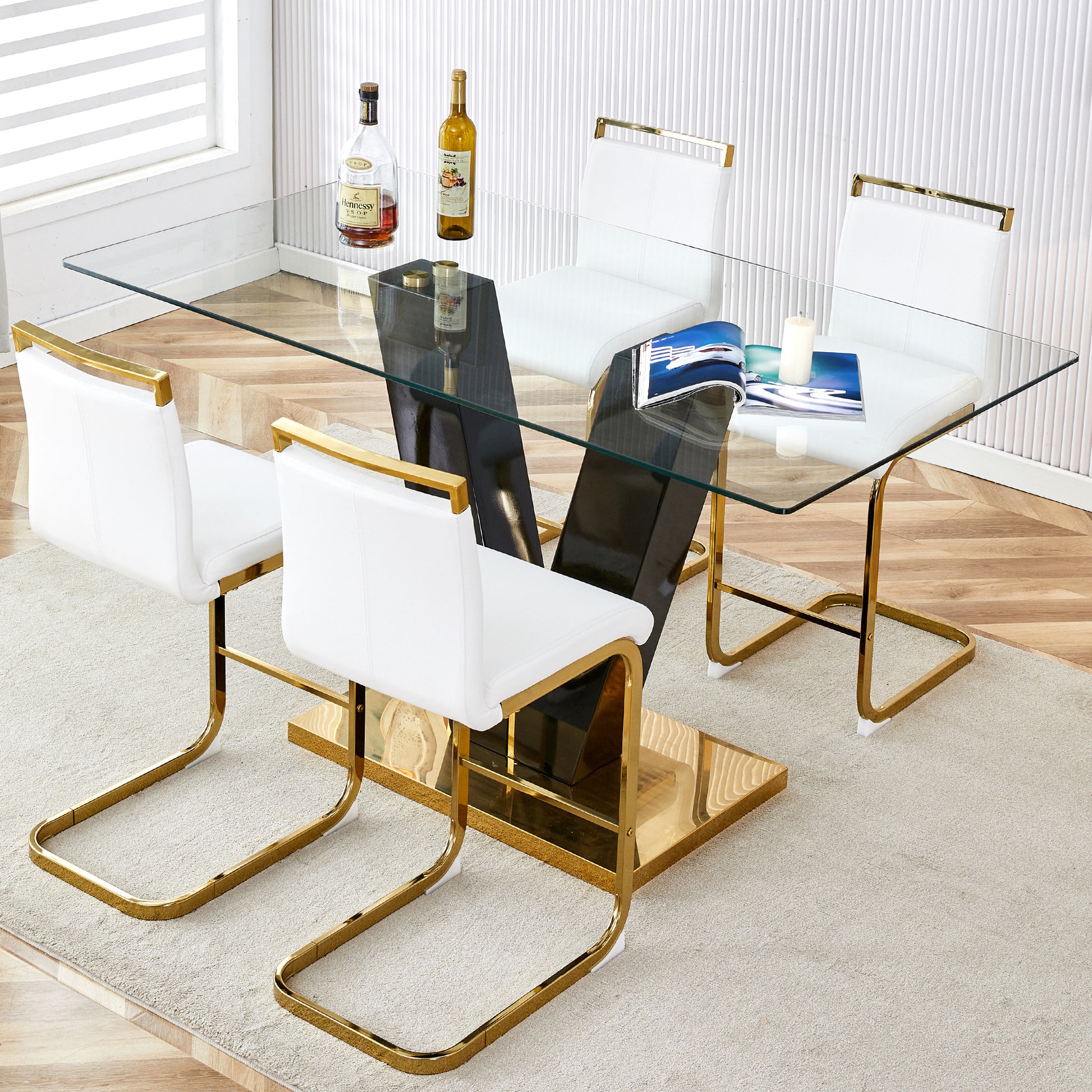 Table And Chair Set. A Rectangular Glass Dining Table With A 0.4 Inch Tempered Glass Tabletop And Mdf Board V Shaped Bracket, Paired With Chairs Consisting Of Pu Seat Cushions And Golden Metal Legs. White Black Seats 4 Tempered Glass