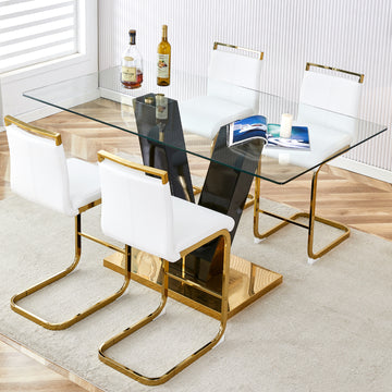 Table And Chair Set. A Rectangular Glass Dining Table With A 0.4 Inch Tempered Glass Tabletop And Mdf Board V Shaped Bracket, Paired With Chairs Consisting Of Pu Seat Cushions And Golden Metal Legs. White Black Seats 4 Tempered Glass