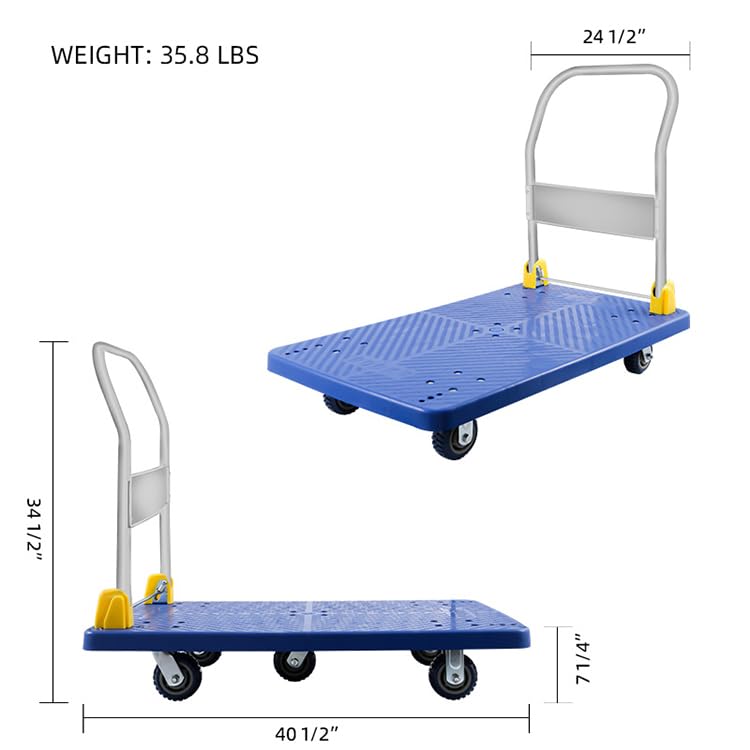 Platform Truck With 1320Lb Weight Capacity And 360 Degree Swivel Wheels, Foldable Push Hand Cart For Loading And Storage, Blue Blue Steel