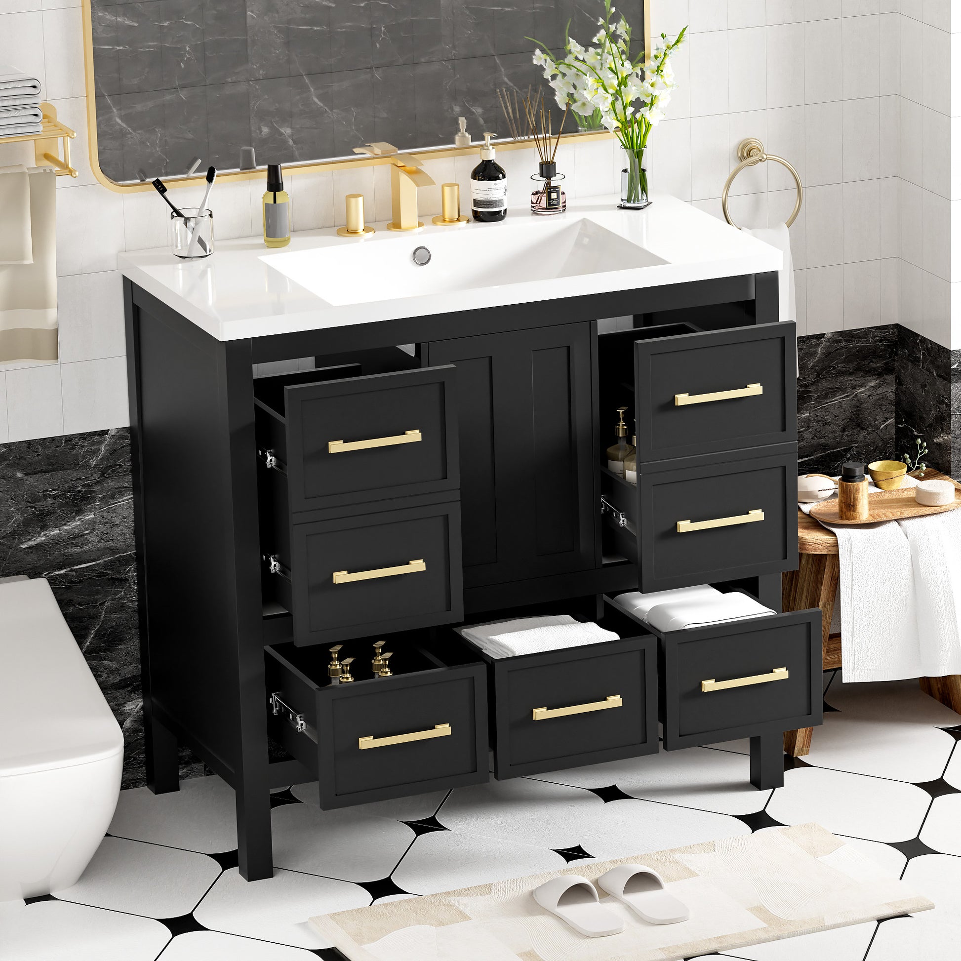 36'' Bathroom Vanity With Resin Sink Combo, Solid Wood Frame Bathroom Storage Cabinet, Freestanding Vanity Set With 5 Drawers& Soft Closing Doors Same As N710S136002B Black Bathroom Solid Wood Mdf Resin