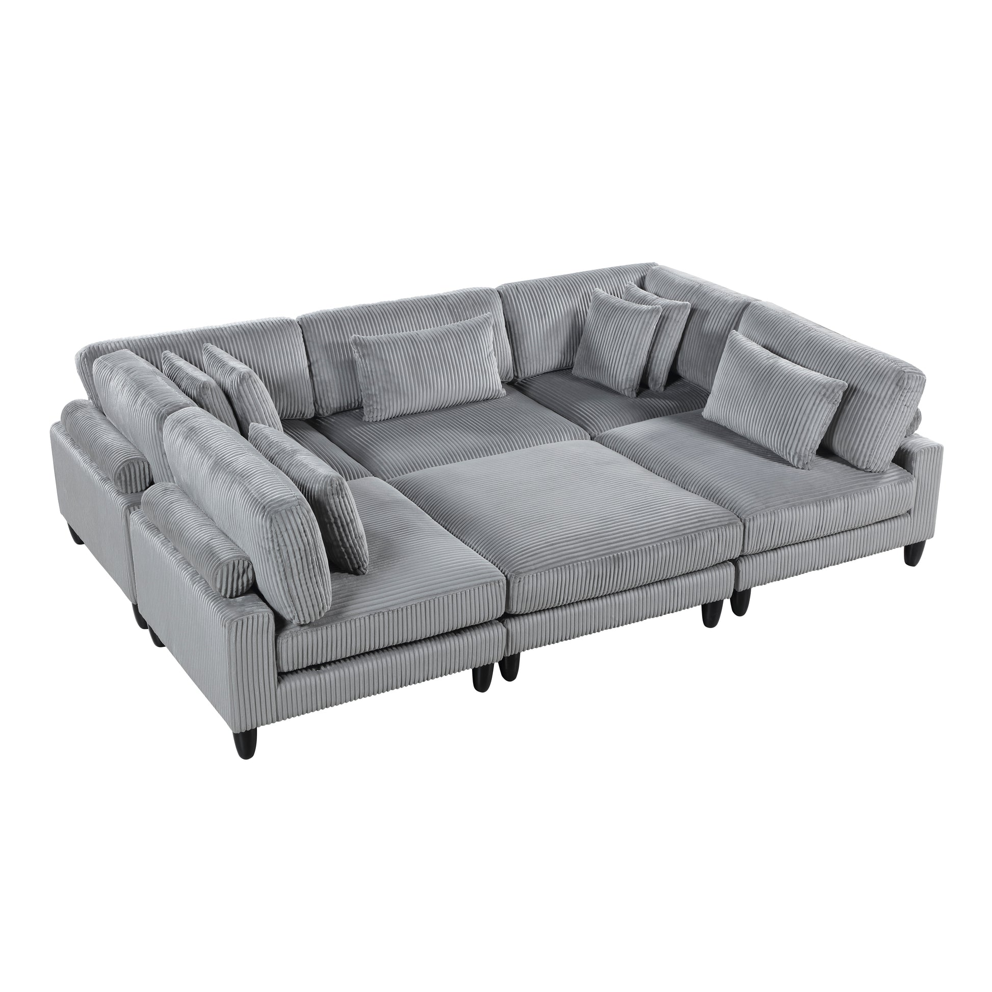 6Pc Modular Sectional Set Gray Corduroy Upholstery 3X Armless Chairs 2X Corner Seats 1X Ottoman Pillows Living Room Furniture Gray Corduroy Wood Primary Living Space Contemporary,Modern Modular