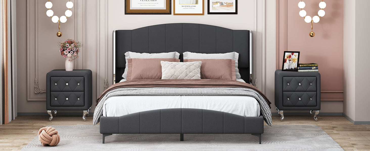 3 Pieces Bedroom Set With Queen Size Pu Leather Upholstered Platform Bed And Elegant Pu Nightstand With 2 Drawersblack Box Spring Not Required Queen Black 3 Piece Set Pu