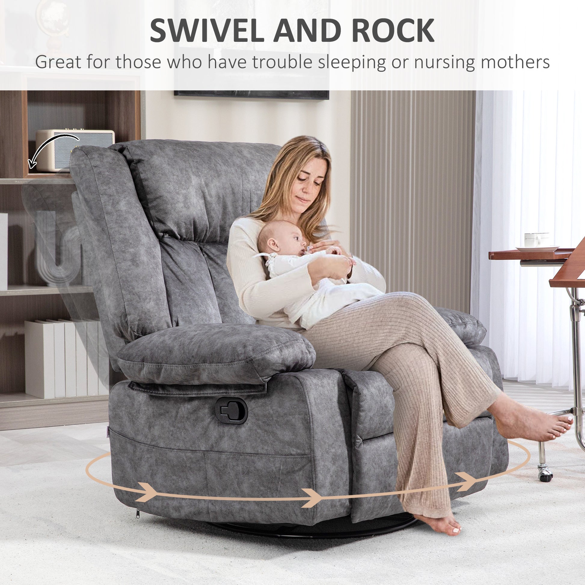 Homcom Swivel Rocker Recliner Chair For Living Room, Fabric Reclining Chair For Nursery, Rocking Chair With Footrest, Side Pockets, Charcoal Gray Charcoal Grey Polyester