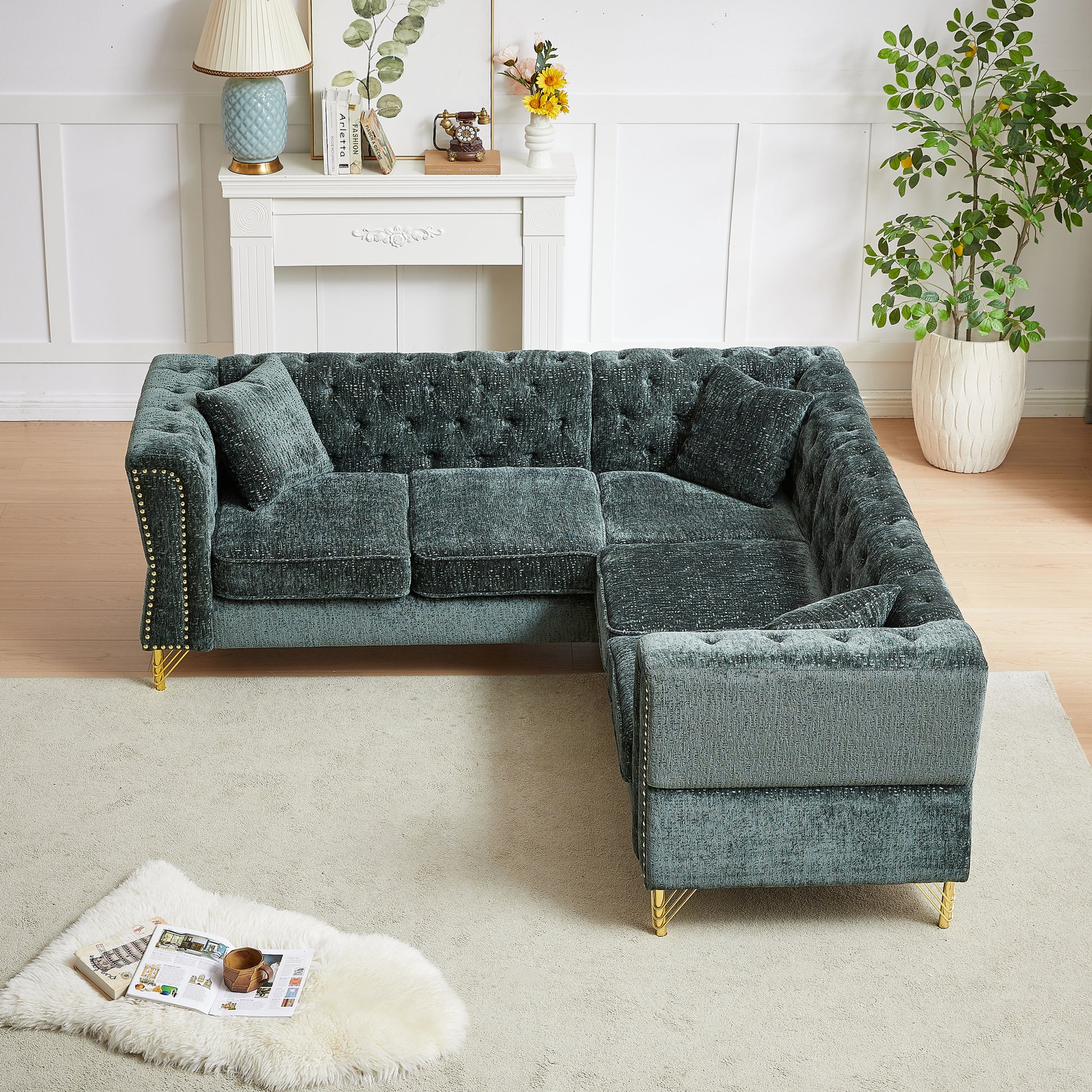 81.5 Inch Chenille Corner Sofal Shaped Sectional Couch, 5 Seater Corner Sofas With 3 Cushions For Living Room, Bedroom, Apartment, Office Green Foam Chenille 5 Seat