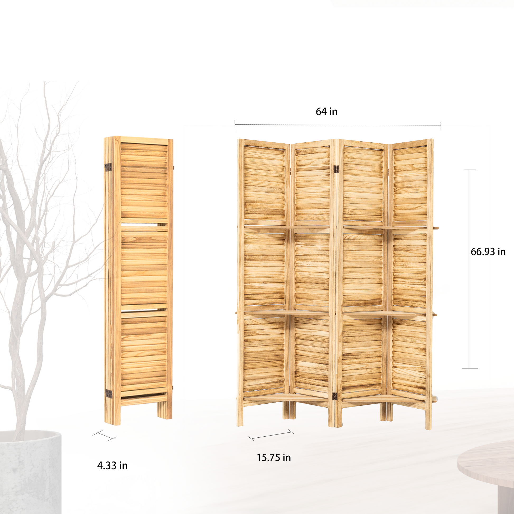 4 Panel Wood Room Divider Screen With Shelves Freestanding Partition With Display Shelves Natural Color Natural Wood Modern Wood