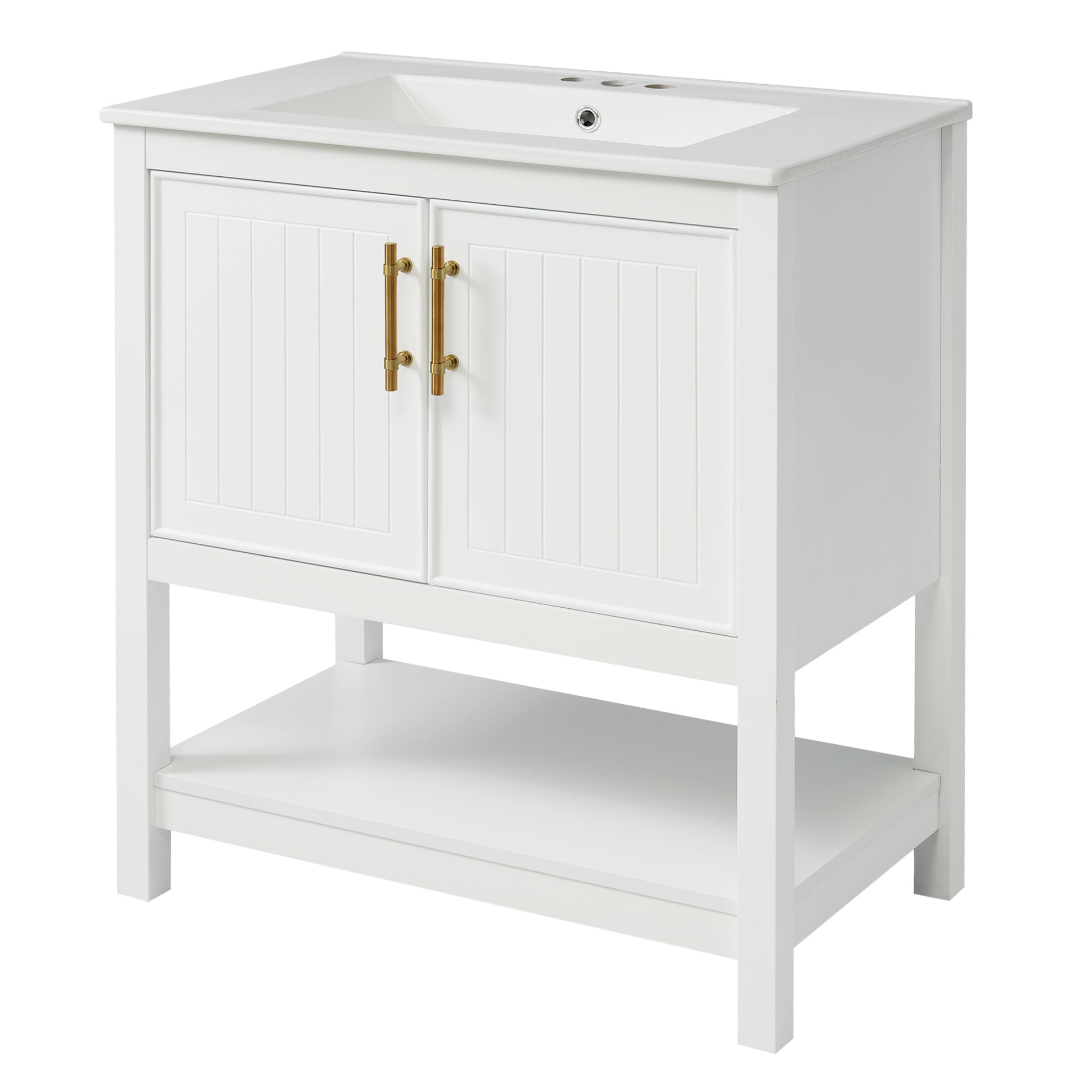 30 Inch White Bathroom Vanity With Ceramic Sink And Versatile Storage Ideal For Small Bathrooms White Bathroom Solid Wood Mdf