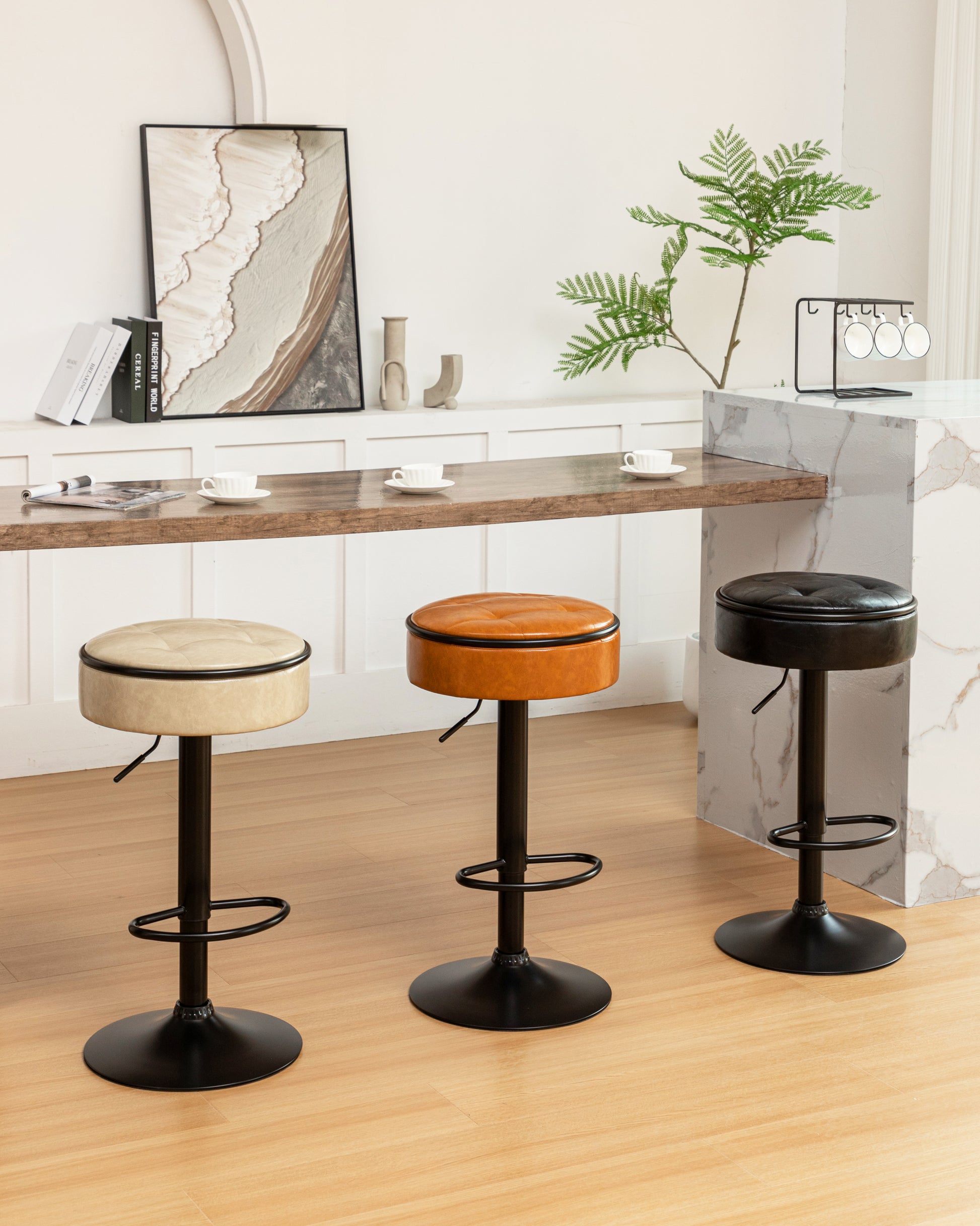 Round Storage Bar Stool Set Of 2, Brown Faux Leather Height Adjustable Barstool, 360 Counter Height Swivel Stool, Armless Bar Chair With Metal Frame For Kitchen Counter Dining Living Room Brown Set Of 2 Foam Pu Leather