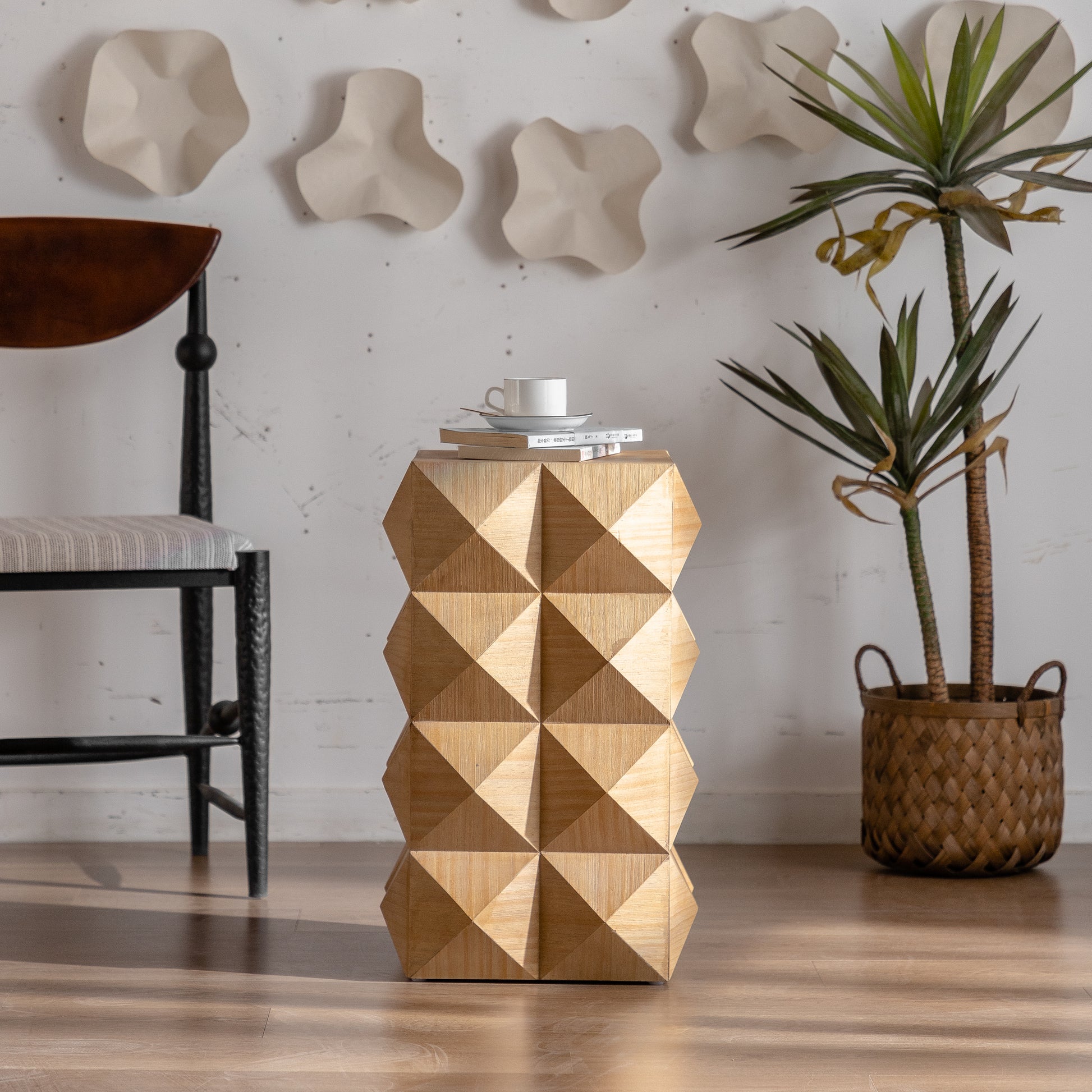 23.62"Height Three Dimensional Embossed Pattern Design Retro Side Table Retro Furniture Natural Mdf