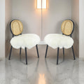 Ada 24 Inch Dining Chair, Cane Rattan Back, Fur Seat, Set Of 2, Black Black White Wood
