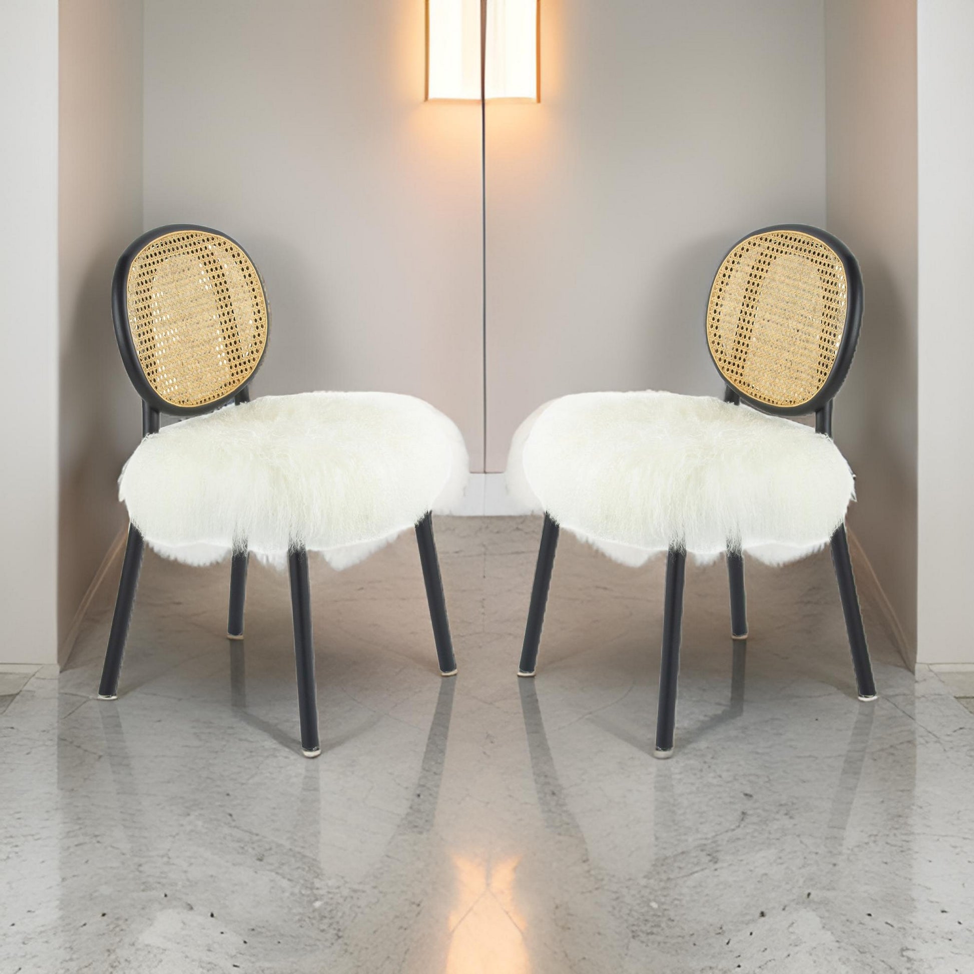 Ada 24 Inch Dining Chair, Cane Rattan Back, Fur Seat, Set Of 2, Black Black White Wood