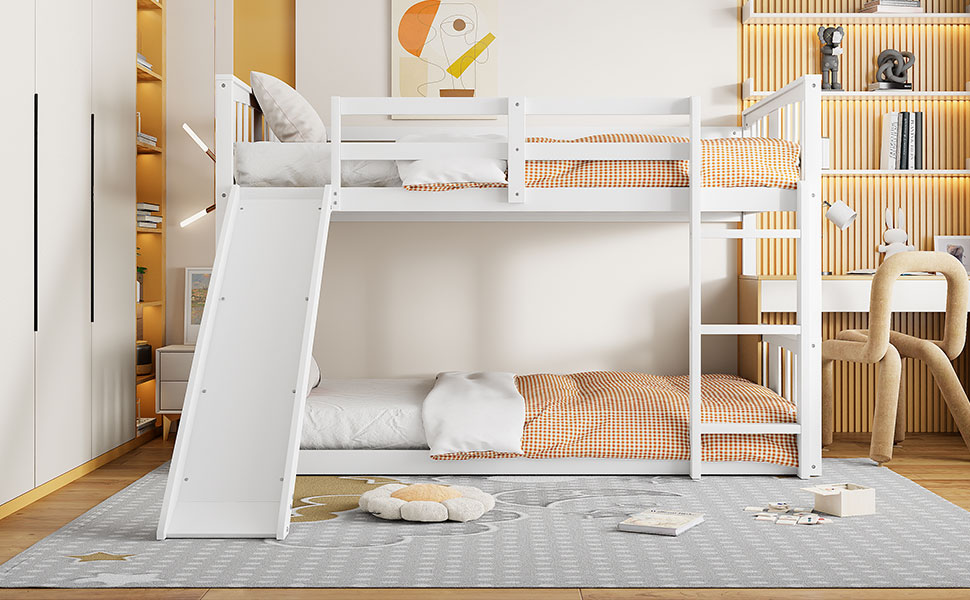 Twin Over Twin Bunk Bed With Slide And Ladder, White Old Sku:Lt000108Aak Twin White Plywood