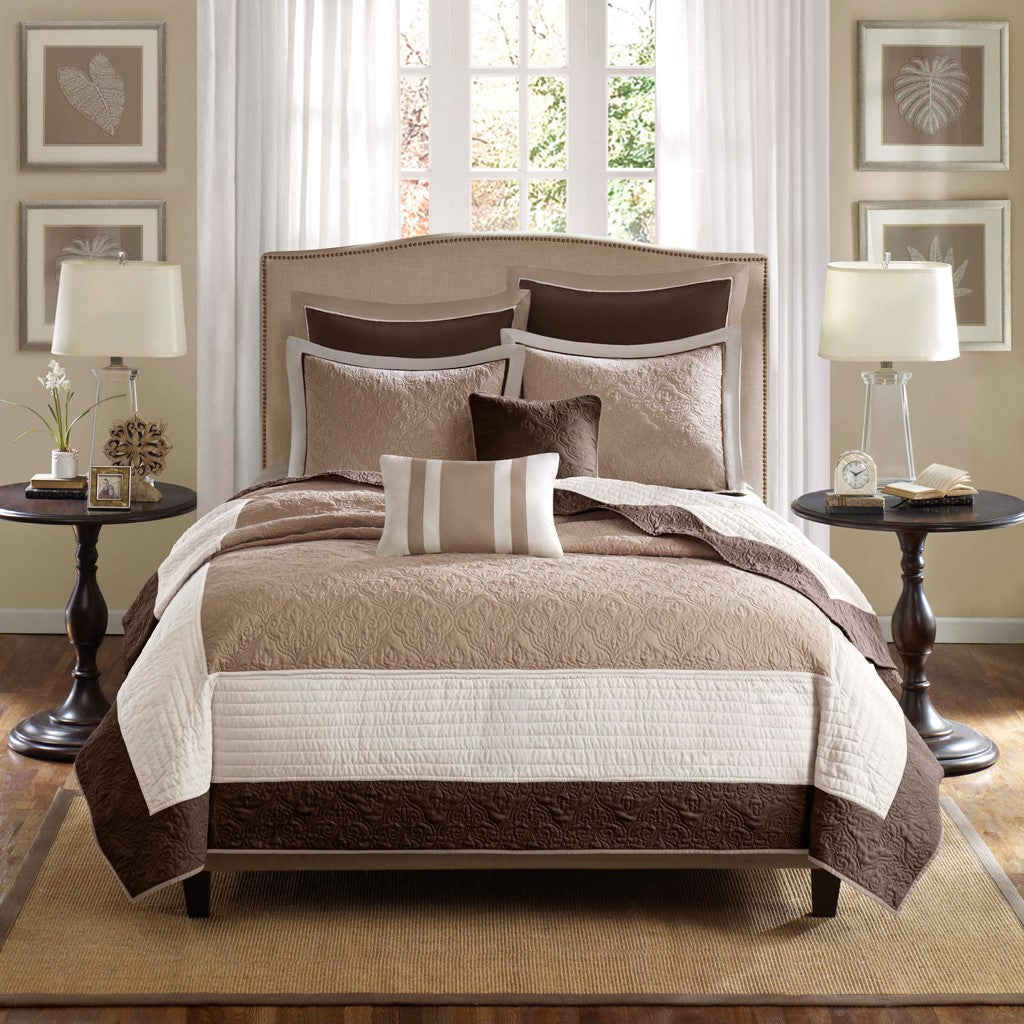 7 Piece Quilt Set With Euro Shams And Throw Pillows Beige Full Queen Full Beige Cotton