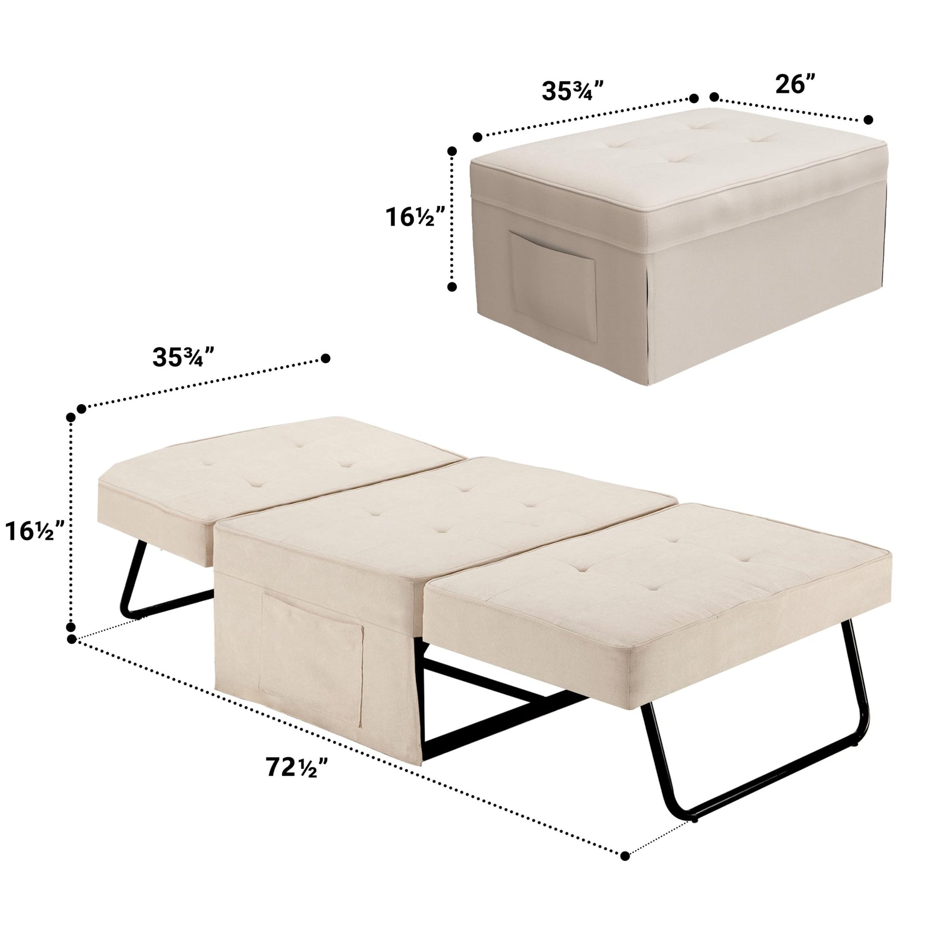 Sofa Bed,Chair Bed,Sleeper Couch,4 In 1 Multi Function Folding Ottoman Bed With Slide Storagepocket For Living Room,Bedroom,Hallway,Beige Beige Espresso Bedroom Mid Century Modern Oak Upholstered Fabric