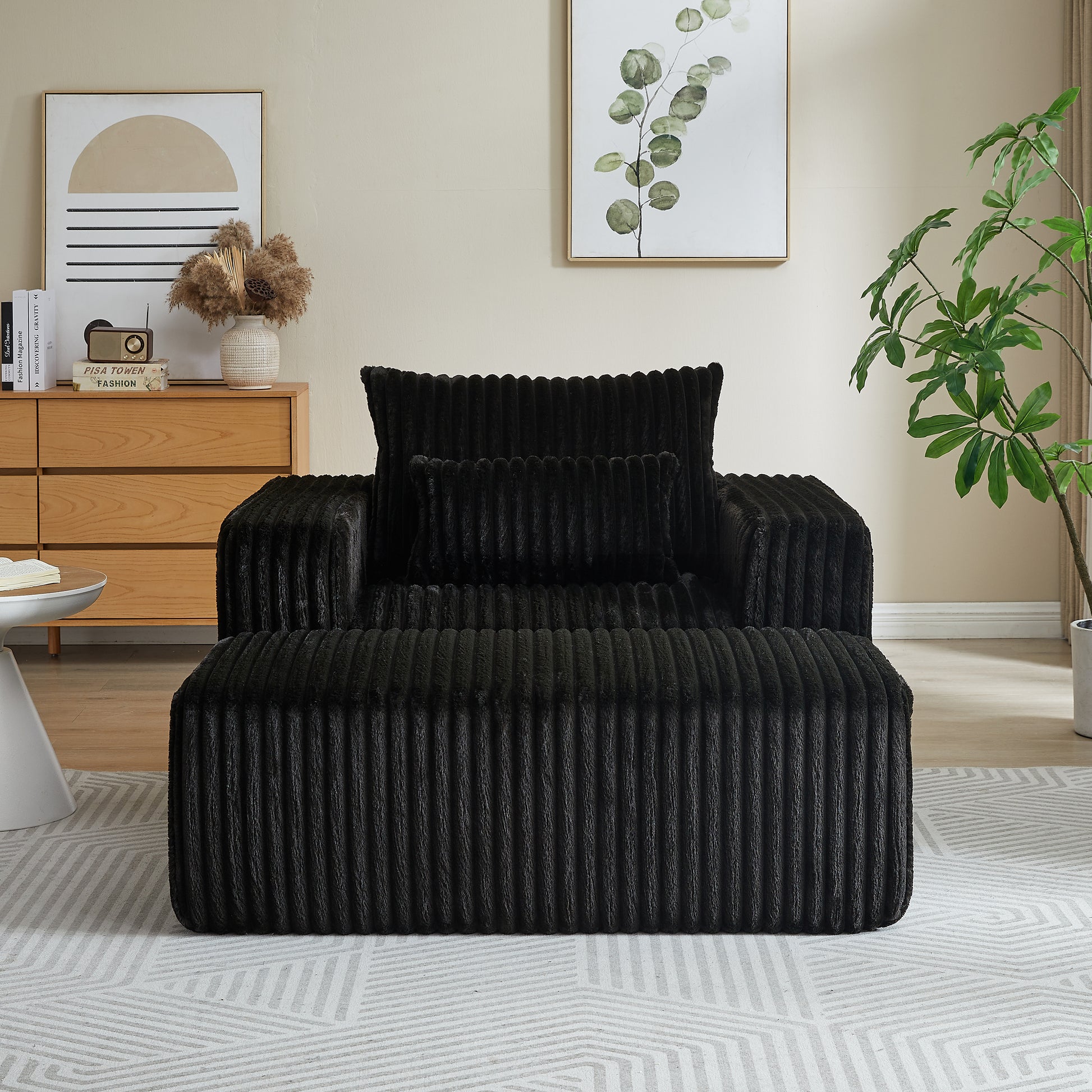62.5 Inch Corduroy Sponge Sofa Lounge Chair With Removable Footrest,No Assembly Required,Fluffy Modern Sleeper Chair For Indoor Living Room Bedroom Black Foam Corduroy 1 Seat