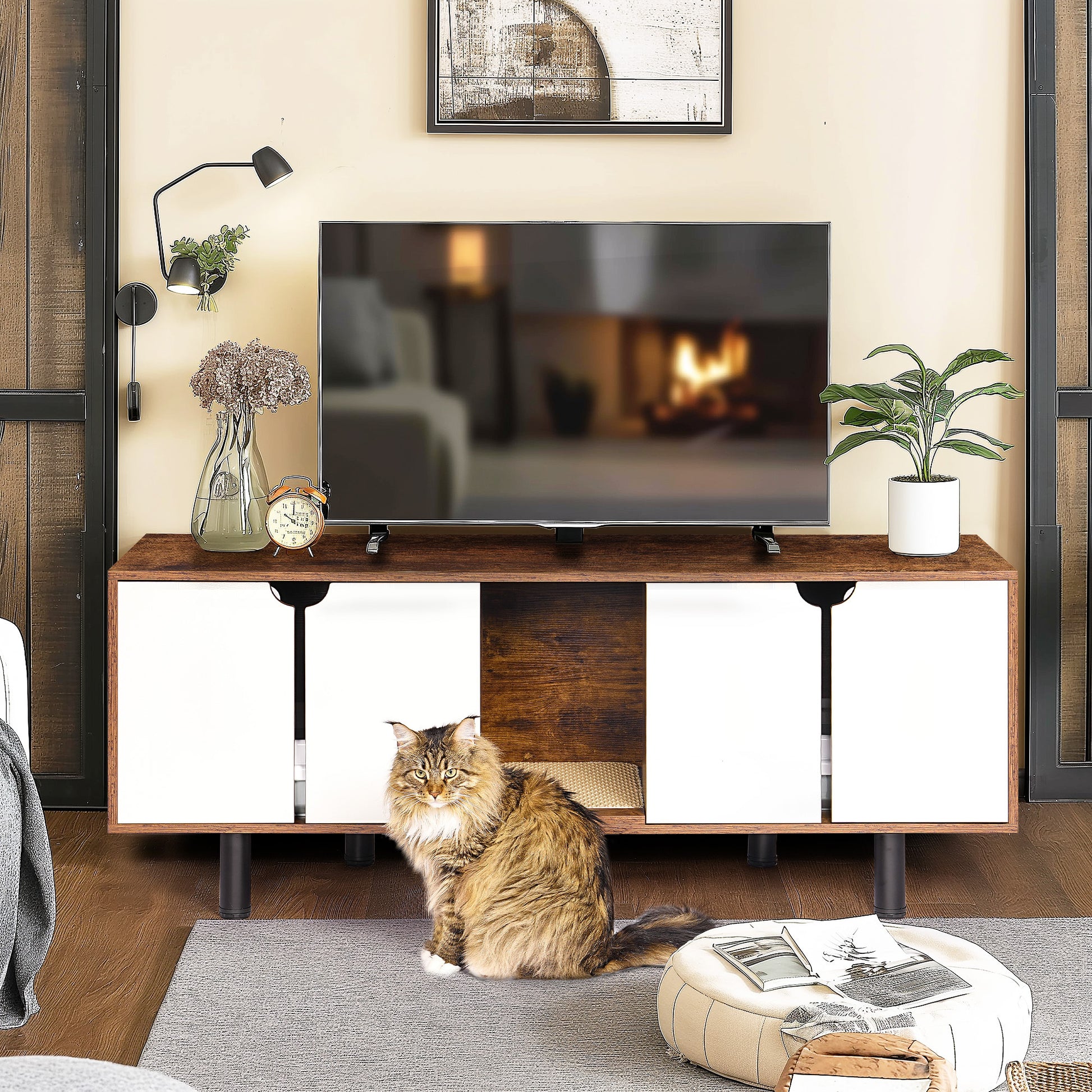 Cat Litter Box Enclosure For 2 Cats, Double Hidden Litter Box Furniture Large Cat Washroom, Indoor Cat House Cabinet Tv Stand End Table, White Vintage White Vintage Particle Board