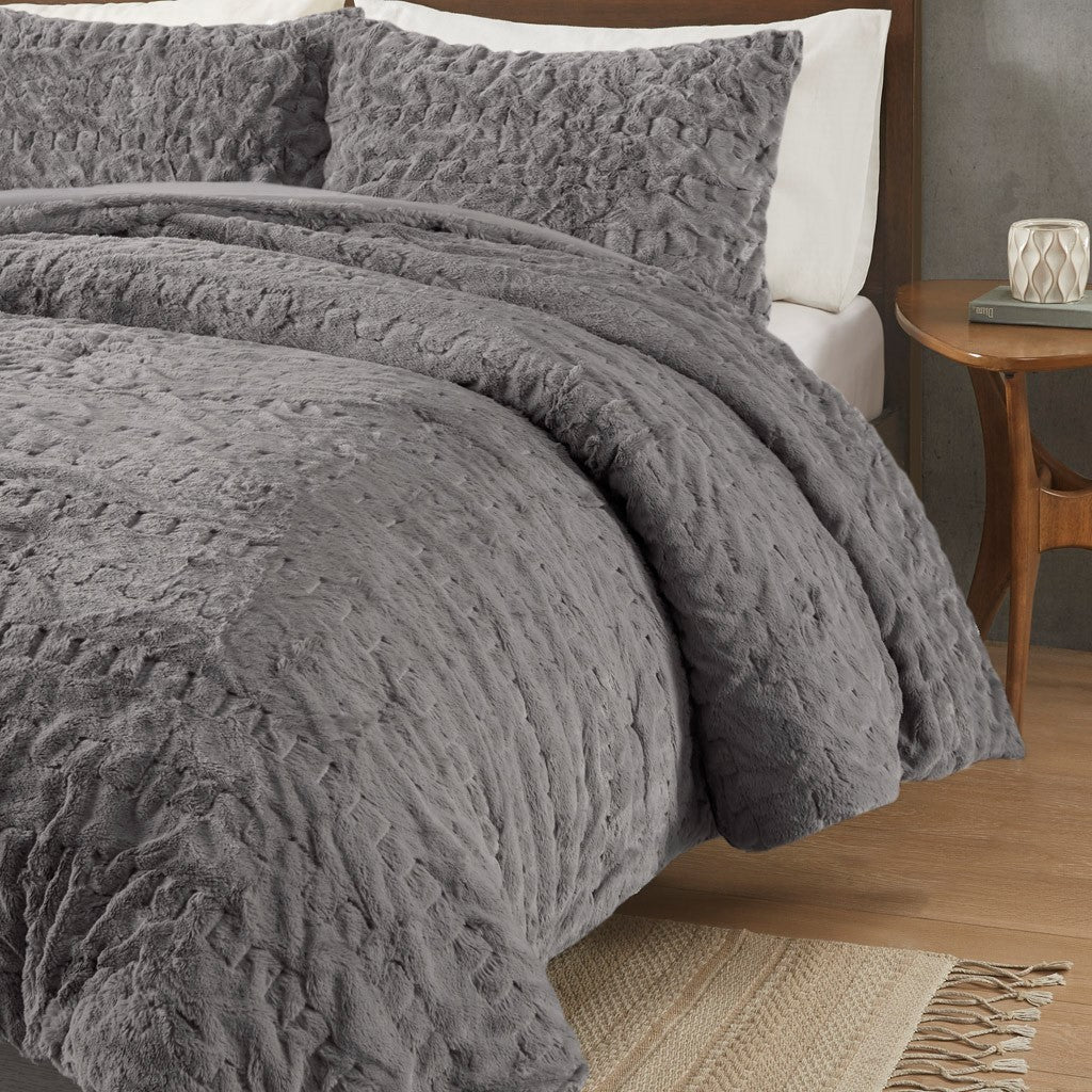 Ruched Fur Down Alternative Comforter Set King Grey Polyester