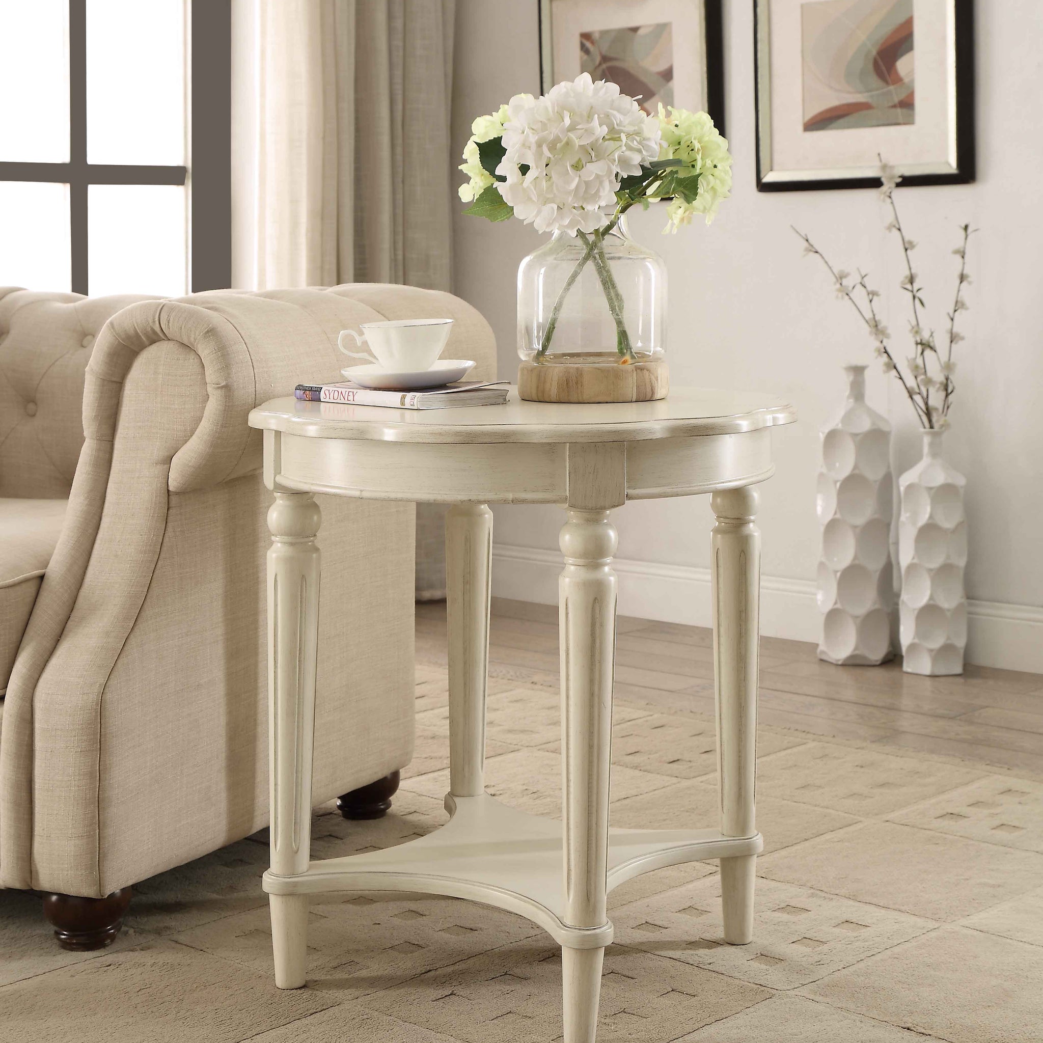 Antique White End Table With Bottom Shelf Antique White Primary Living Space Shelves Round Wood Metal