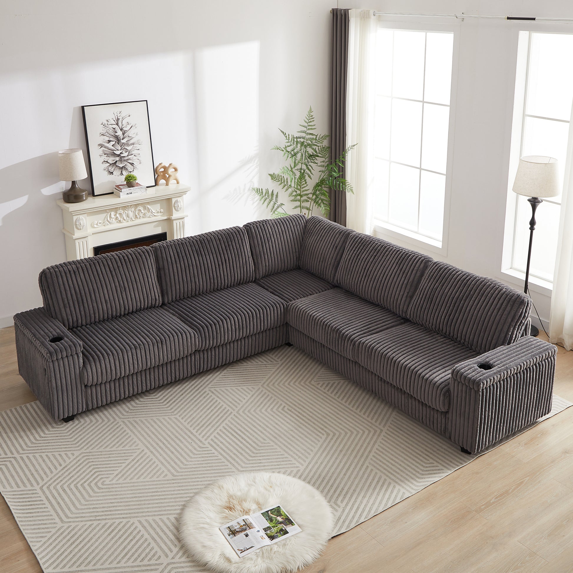 110 Inch Oversized Corduroy Corner Sofa,L Shaped Corner Couch With Two Storage Spaces,Usb Port & T Pyce Port And Cup Holderdeep Seat Comfy Upholstered Couches For Living Room Not Freely Combinable Dark Grey Corduroy 5 Seat