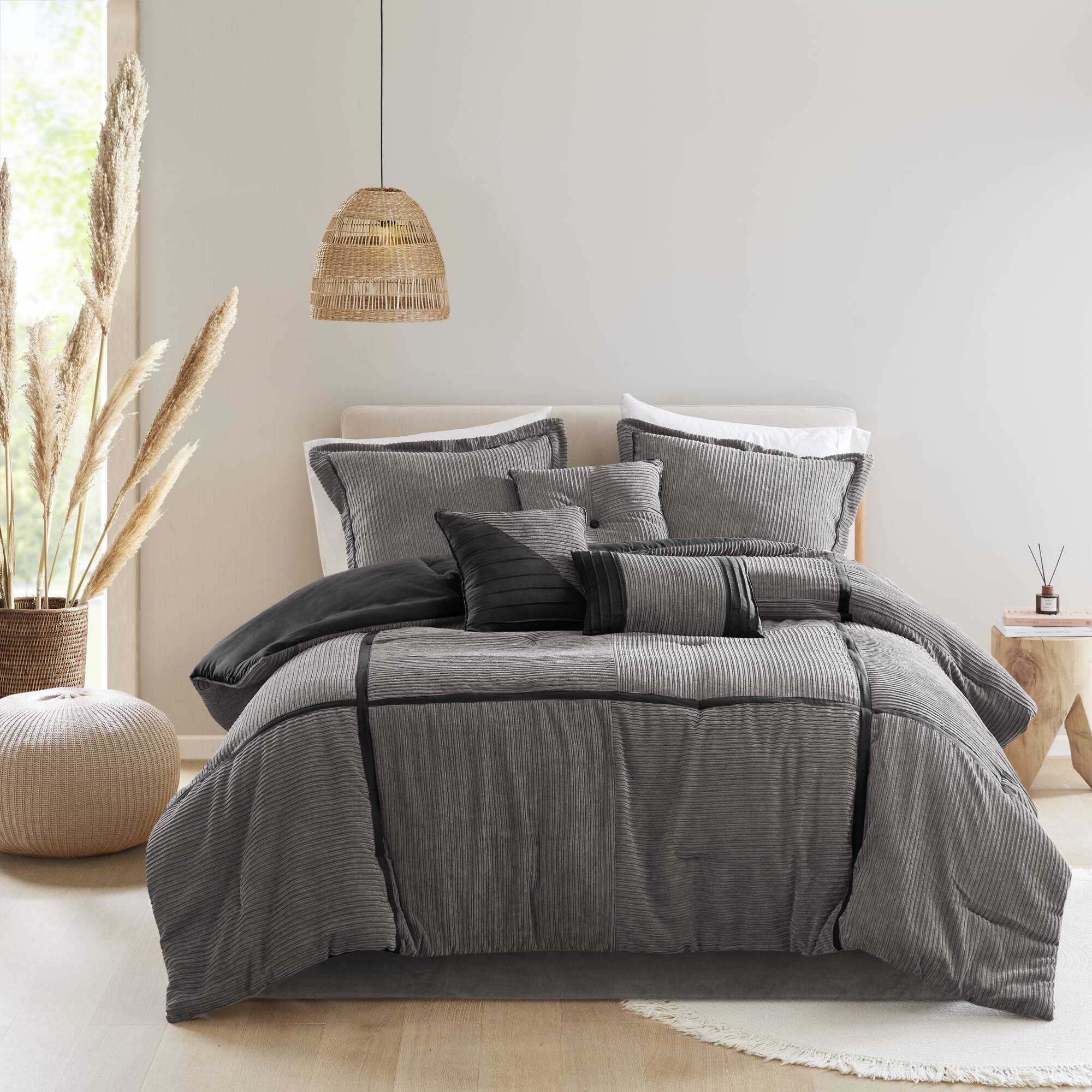 7 Piece Micro Corduroy Comforter Set Grey Cal King Grey Polyester