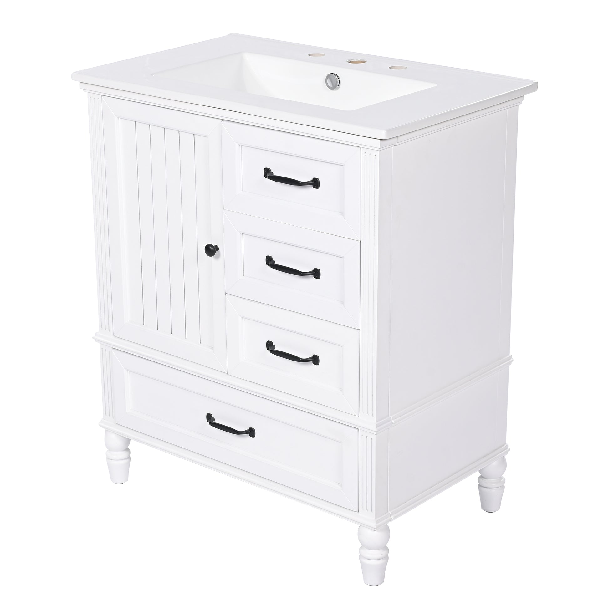 30" Bathroom Vanity With Sink, Bathroom Cabinet With A Door, Three Drawers, Solid Wood Legs & Mdf Board, Adiustable Foot Pads, White White Mdf