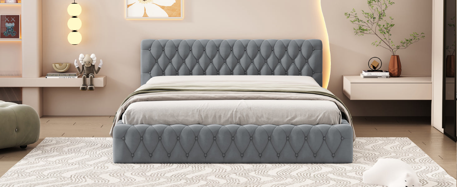 Queen Size Velvet Upholstered Platform Bed, With Luxurious Diamond Grid Headboard,Gray Queen Gray Plywood